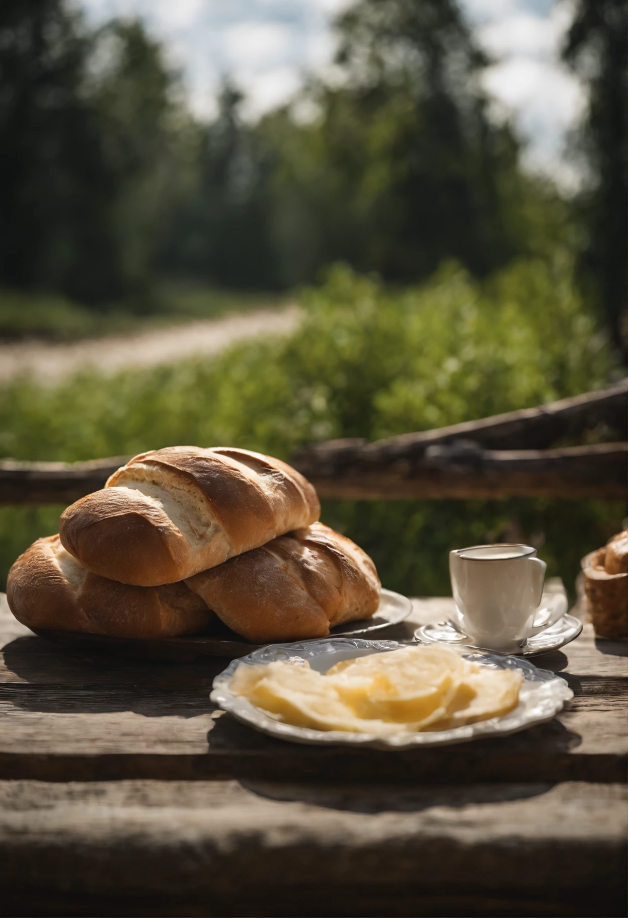 There is bread on the wooden table,drink,for breakfast,the fruits,Blue sky and white clouds,Idyllic
