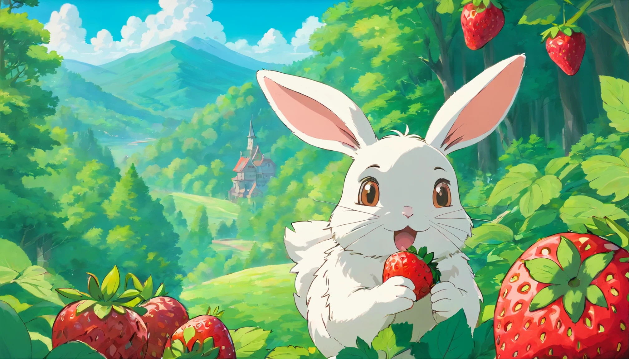 a beautiful and fluffy bunny eating strawberries, in the background of a forest