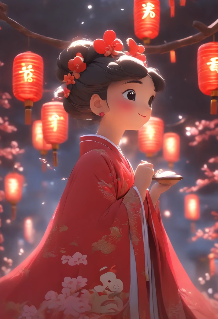 Super cute anthropomorphic small，Wearing a red Chinese Hanfu in Pixar style, She is a princess，she is walking，She looked around，Enjoying The Scenery，She loves the Mid-Autumn Festival celebrations，The background is a starry sky and a full moon， Charming big eyes,Cute tail,Super realistic,Super detail,Luxurious,elegant,Gorgeous,illusory engine,rendering by octane, 8K,v-ray，Super realistic