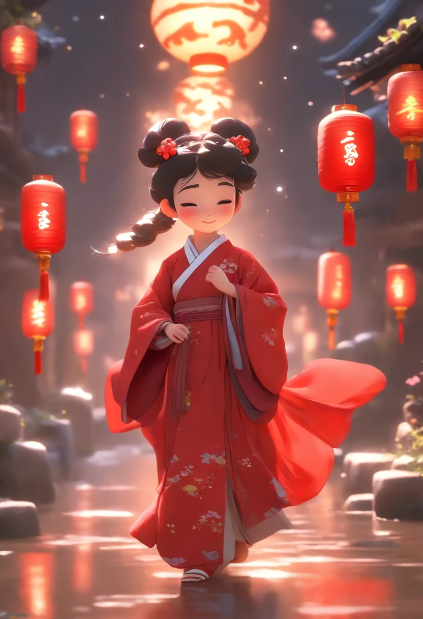 Super cute anthropomorphic small，Wearing a red Chinese Hanfu in Pixar style, She is a princess，she is walking，She looked around，Enjoying The Scenery，She loves the Mid-Autumn Festival celebrations，The background is a starry sky and a full moon， Charming big eyes,Cute tail,Super realistic,Super detail,Luxurious,elegant,Gorgeous,illusory engine,rendering by octane, 8K,v-ray，Super realistic