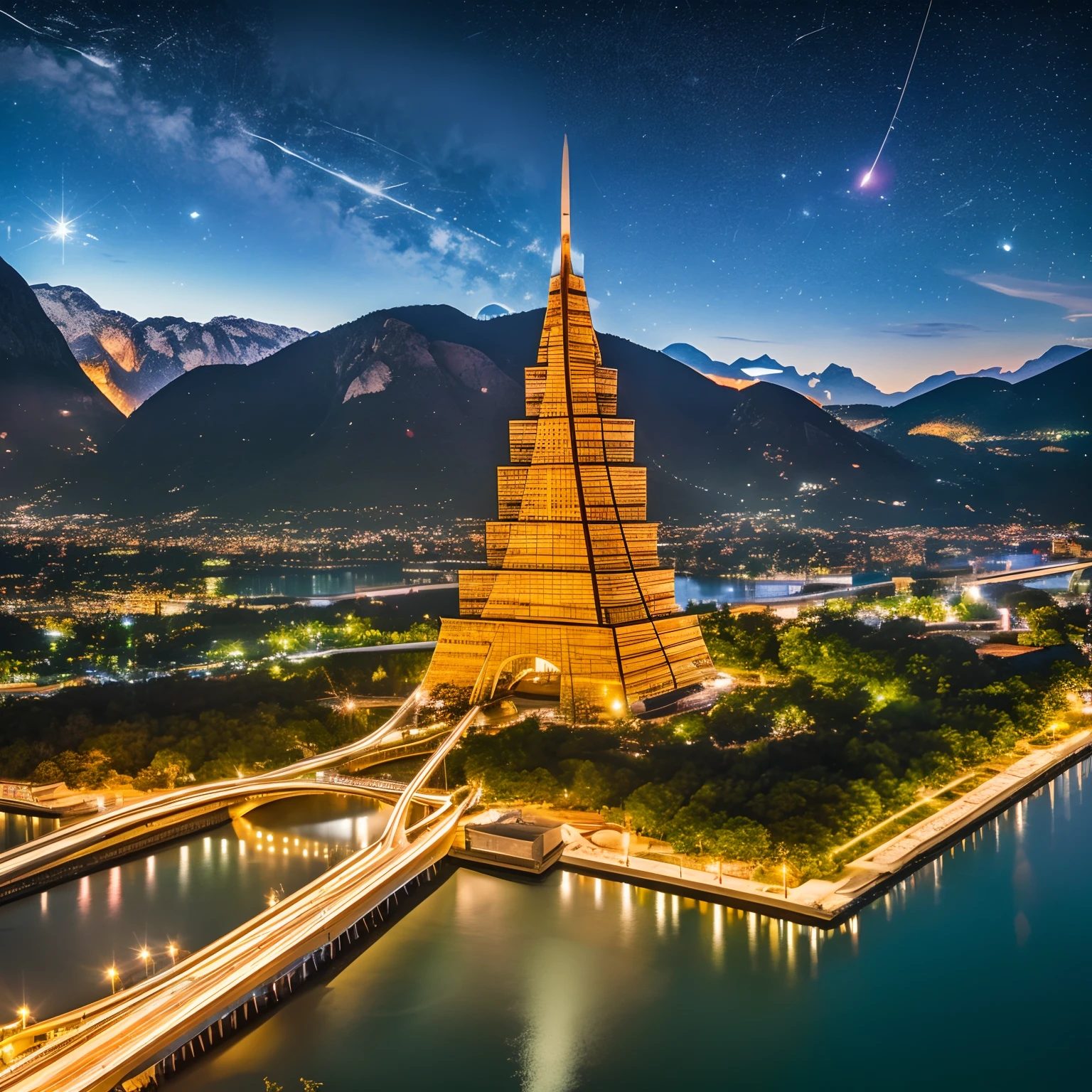 from above, very wide shot, finest image, detailed and delicate depiction, It's a huge building in the shape of a very tall square pyramid, covered in glass with an iridescent chrome-plated skeleton, and the top of its head is round and red. The sound of a river flowing from the mountains, the blue-green sea, high rock walls, and suspension bridges. Landmark, huge commercial facility. background, neon lights, a sky full of stars shining in the night sky, moon, professional lighting