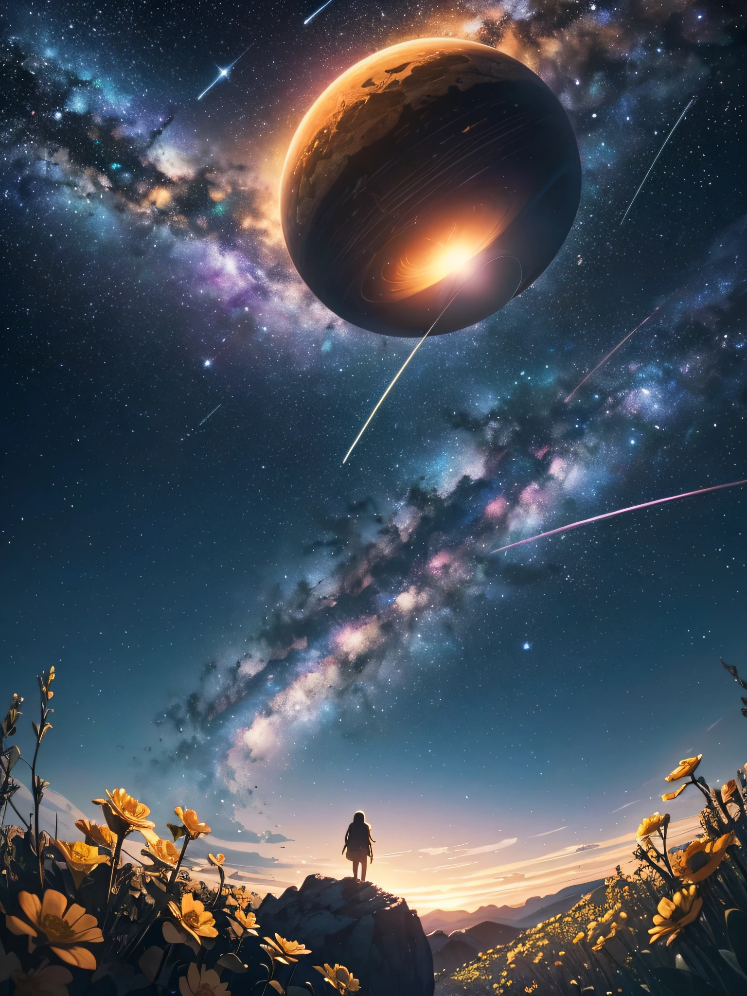 Planet Saturn with its rings in the starry sky between nebulas, skyward cliff tip, trees of yellow and white flowers, (ultra-realistic), {extremely detailed 8k CG unit wallpaper}, expansive landscape photography, (a low view that prioritizes the character and setting, (wide open field view), (low angle shot), (high light: 1.5), (low light: 1.0), (warm light source: 1.0), details complex, (iridescent colors: 1.5), (bright lighting), (atmospheric lighting), surreal, magical, landscape