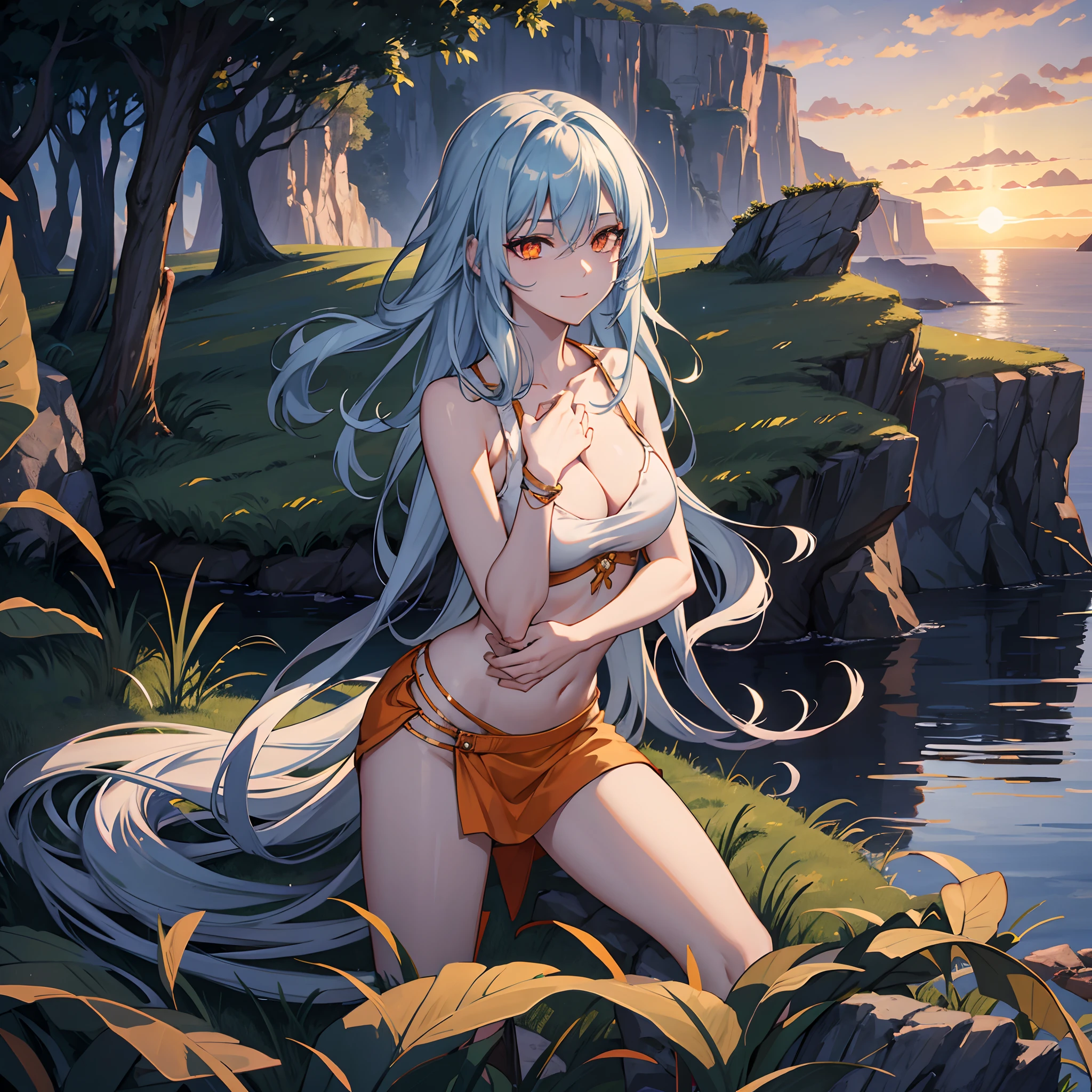 Cowboy shot, skinny, Full body shot, sexy, 1girl, pale skin, looking at viewer, medium breasts, praying, long hair, hair over forehead [blue hair|glowing hair:1.1], half-closed eyes, orange eyes, [glowing eyes|vivid eyes], smile, closed mouth, white pries clothing, grass, cliff, scenery, sea, sunset, cloudy sky,