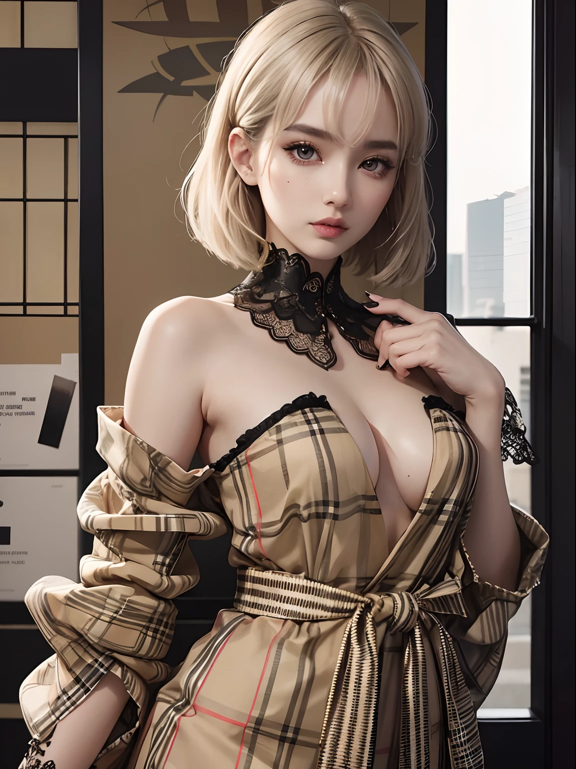 Beige color Burberry plaid kimono、Black eyeliner and black eyeshadow、A detailed face、detailed facial expression、Shoot from the waist up、Dynamic Posing、Fancy makeup、See-through stall、Platinum Color Hair、short-hair、