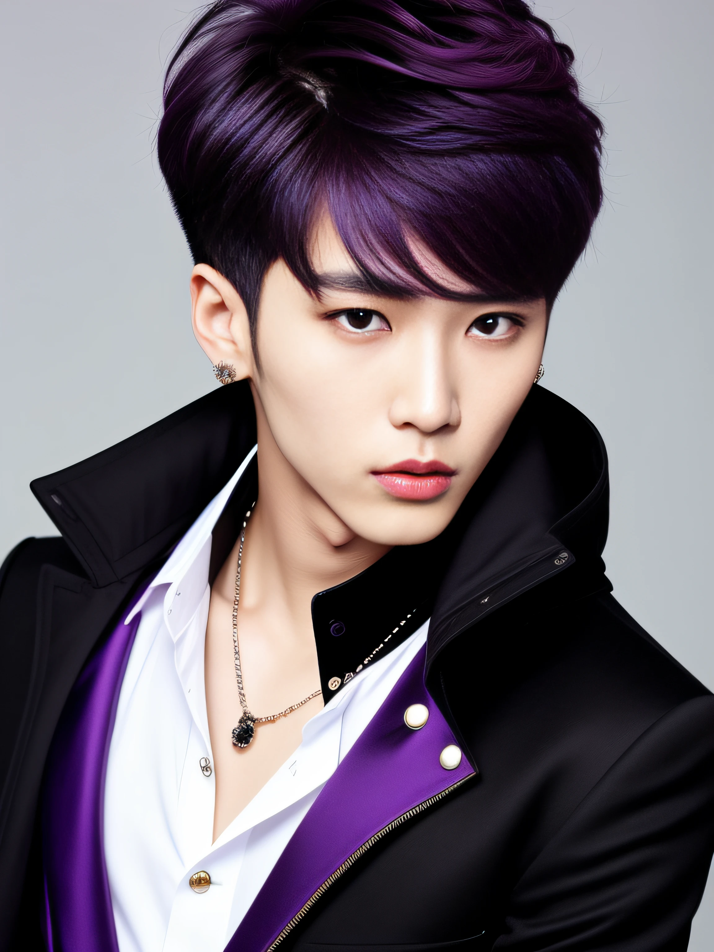 masterpiece, top-quality, 1male people,, Adults, tall, finely eye and detailed face, intricate detailes, ((Korean fashion in black and white)), Happiness, tenderness, high-level image quality、The upper part of the body、nightfall、nighttime scene、𝓡𝓸𝓶𝓪𝓷𝓽𝓲𝓬、Korean Male, k pop, Professional Photos, Vampires, Korean fashion in black and white, Fedoman with necklace, inspired by Sim Sa-jeong, androgynous vampire, :9 detailed face: 8, extra detailed face, detailed punk hair, ((eyes are brown)) baggy eyes, Seductive. Highly detailed, semi realistic anime, Vampires, hyperrealistic teen, delicate androgynous prince, imvu, short hair above the ears, Man with short hair, ((Purple haired man with wild expression)), ((Man with short hair in bright purple)), ((Only one man))