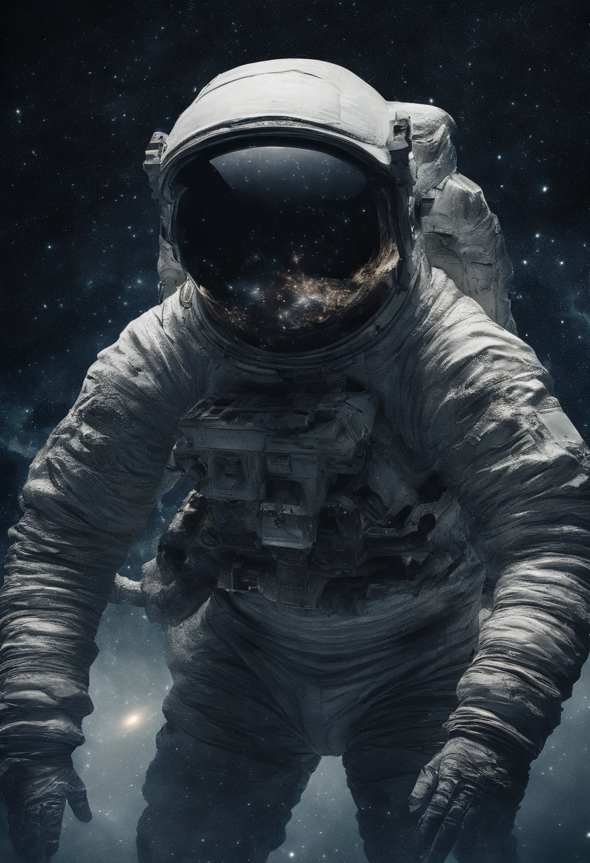 An astronaut transformed into a skull floats in the abyss of space, surrounded by a cosmic ocean of galaxies and nebulae that form unique constellations. The bubbles that surround it contain fragments of knowledge and secrets of the universe. The photo is taken with an 18 mm wide-angle camera, em 8k fotorrealismo, creating an image that evokes astonishment and wonder at the immensity of the cosmos. ouro.