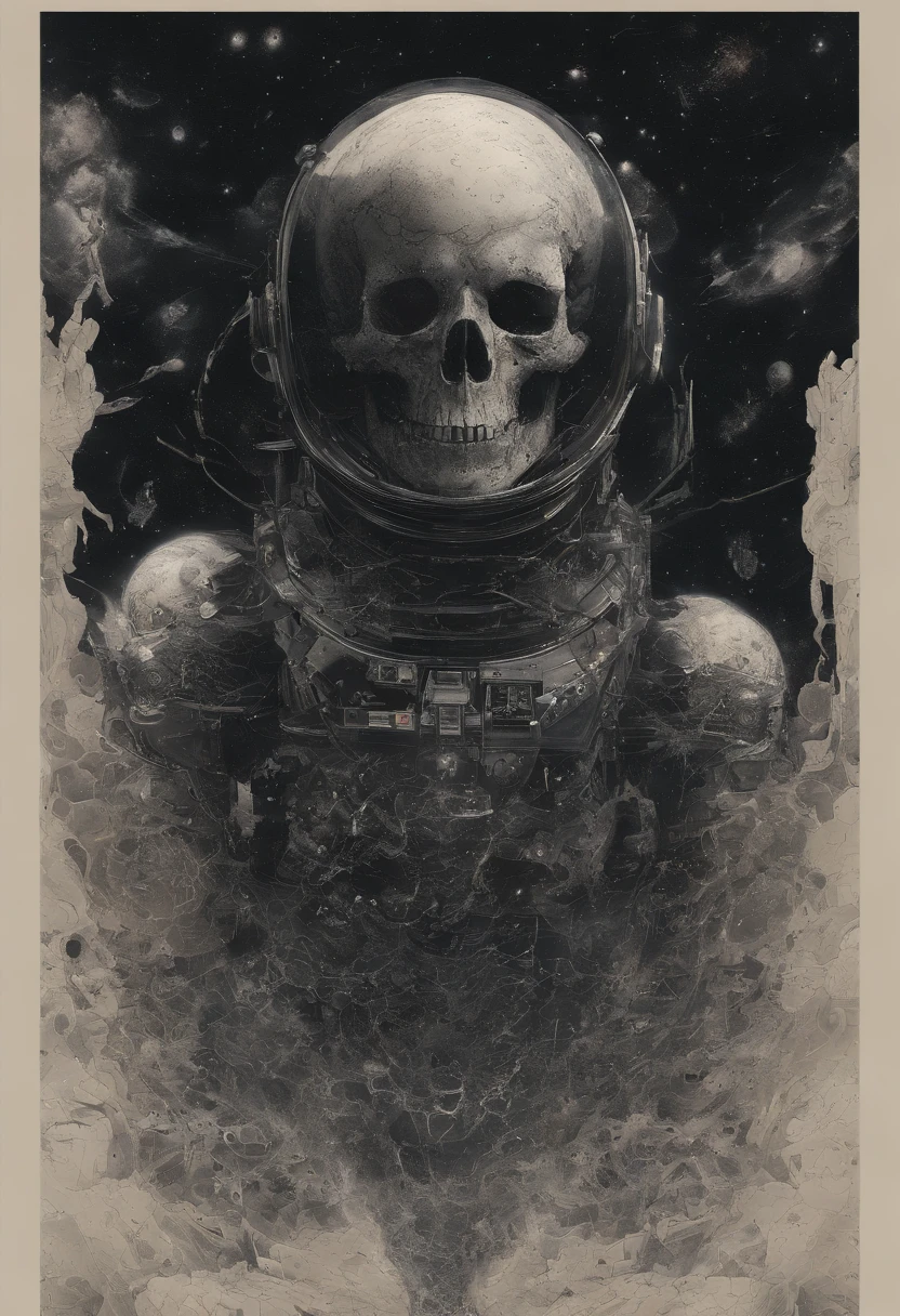 An astronaut transformed into a skull floats in the abyss of space, surrounded by a cosmic ocean of galaxies and nebulae that form unique constellations. The bubbles that surround it contain fragments of knowledge and secrets of the universe. The photo is taken with an 18 mm wide-angle camera, em 8k fotorrealismo, creating an image that evokes astonishment and wonder at the immensity of the cosmos. ouro.