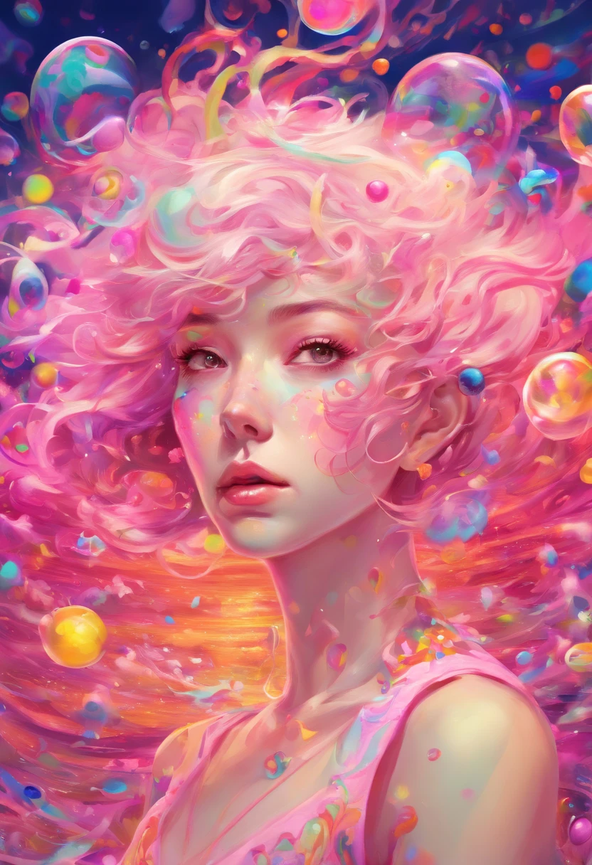 ((top-quality, 8K)), (Realistic), (Face Focus: 1.1), (White and pink: 1.3), Kawaii Girl, short-hair, Body from the waist up, Hair fluttering in the wind, Facing to the side, Look up at your face, Eyes closed, (Sleeveless: 1.1), Skirt, D Cup Breasts, Countless soap bubbles,