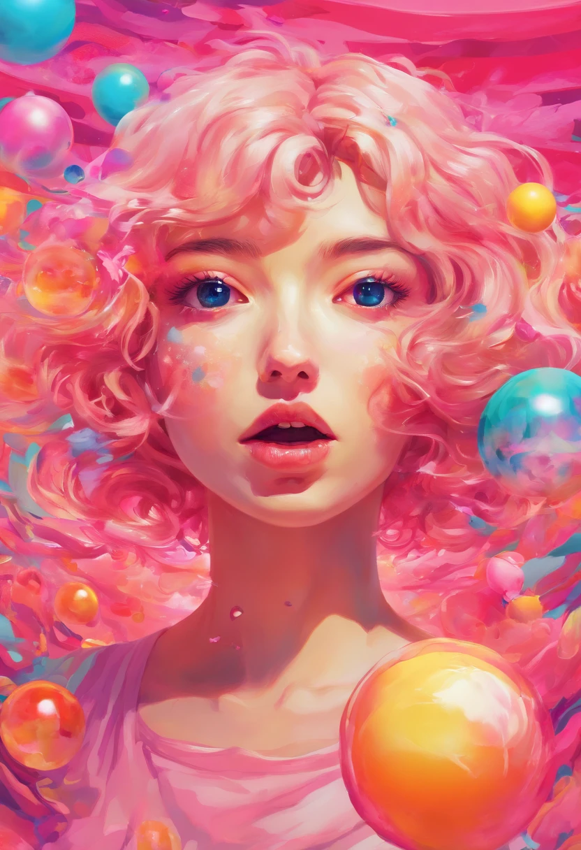 ((top-quality, 8K)), (Realistic), (Face Focus: 1.1), (White and pink: 1.3), Kawaii Girl, short-hair, Body from the waist up, Hair fluttering in the wind, Facing to the side, Look up at your face, Eyes closed, (Sleeveless: 1.1), Skirt, D Cup Breasts, Countless soap bubbles,