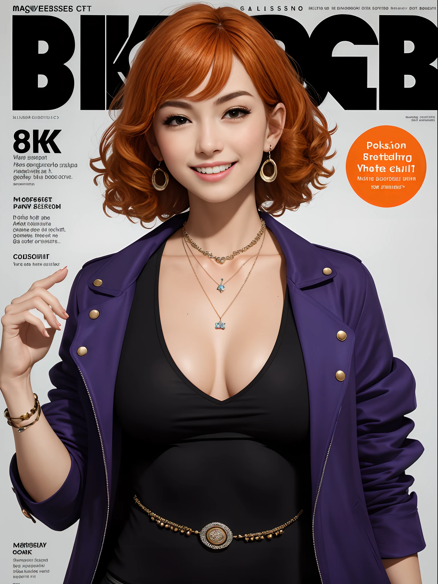 (masterpiece, 8k, best quality), magazine scan,(magazine cover:1.2), cover text, text,( magatama necklace:1.1), (close up), wlop, 1girl, purple gloves, dark purple open jacket and black top, character request, commentary, earrings, double v, jewelry, (short curly orange hair), looking down, perfect flowing hair, solo, big boobs, gorgeous, smilling