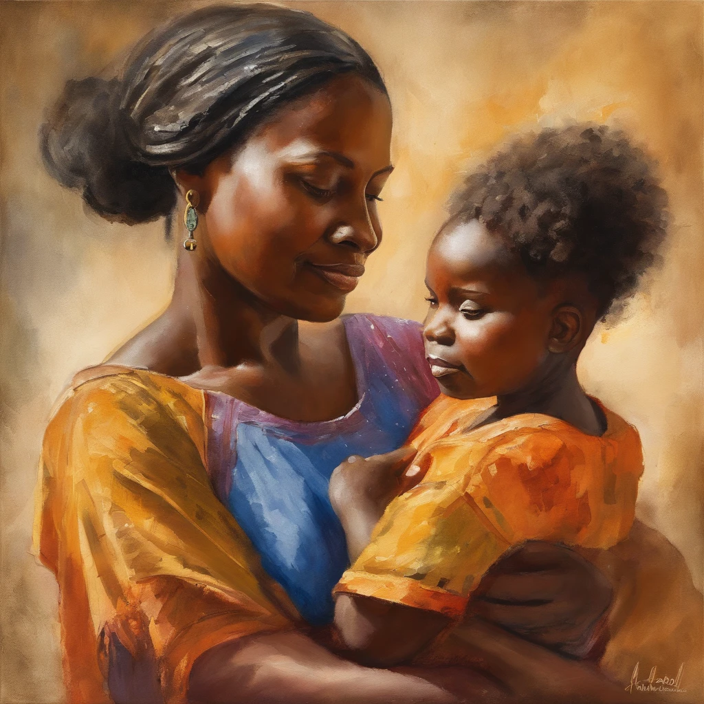 A closeup of mother holding two children in her arms, African, Negroid, African hair, Van Gogh Style, (Heavy Brushstrokes:1.2), Vibrant Colors, (Coarse Impasto:1.3), (Angled Composition:1.1), Dramatic Shadows, ( dramatic lighting:1.2), peaceful atmosphere, serene, (expressive brushstrokes:1.1), (stylized details:1.2), tranquil setting, (dreamy quality:1.3), impressionist, post-impressionist.
