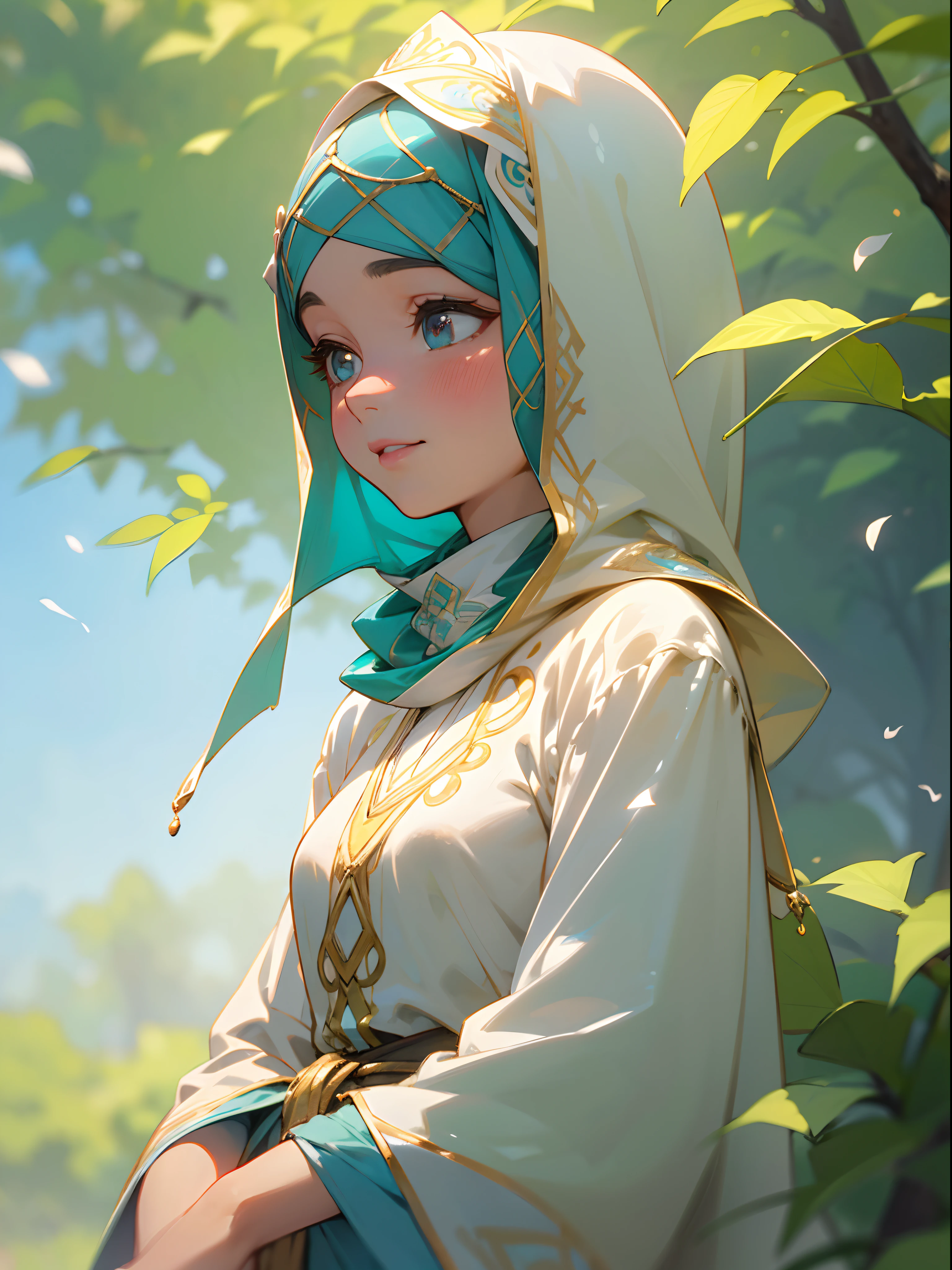 (best quality,4k,8k,highres,masterpiece:1.2),ultra-detailed,(realistic,photorealistic,photo-realistic:1.37),beautiful detailed eyes,beautiful detailed lips,extremely detailed eyes and face,long eyelashes,hijab attire,anime girl:wearing hijab,traditional hijab design,anime-style art,soft and vibrant colors,golden-hour lighting,peaceful garden background,flower-filled garden,emerald-green grass,glowing sunlight filtering through trees,dappled sunlight on hijab,serene expression,gentle smile,kind eyes,modest and confident pose,dainty and slender hands,sparkling eyes under hijab,delicate hijab embroidery,detailed outfit patterns,flowing hijab fabric,breeze gently lifting hijab,touch of cultural fusion in outfit,charming and ethereal appearance,majestic hijab with vibrant patterns,light and airy hijab material,graceful and elegant posture,soft pastel color scheme,subtle blush on cheeks,warm sunlight illuminating the hijab,eye-catching accessories,gentle breeze rustling the hijab,peaceful expression on face,subtle anime-inspired stylization,delicate hair strands peeking from hijab
