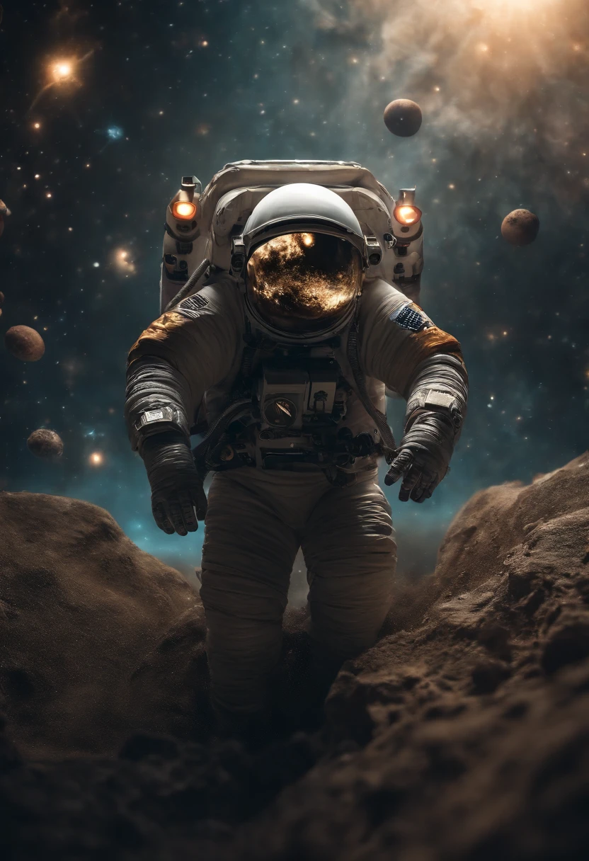 An astronaut transformed into a skull floats in the abyss of space, surrounded by a cosmic ocean of galaxies and nebulae that form unique constellations. The bubbles that surround it contain fragments of knowledge and secrets of the universe. The photo is taken with an 18 mm wide-angle camera, em 8k fotorrealismo, creating an image that evokes astonishment and wonder at the immensity of the cosmos. ouro.