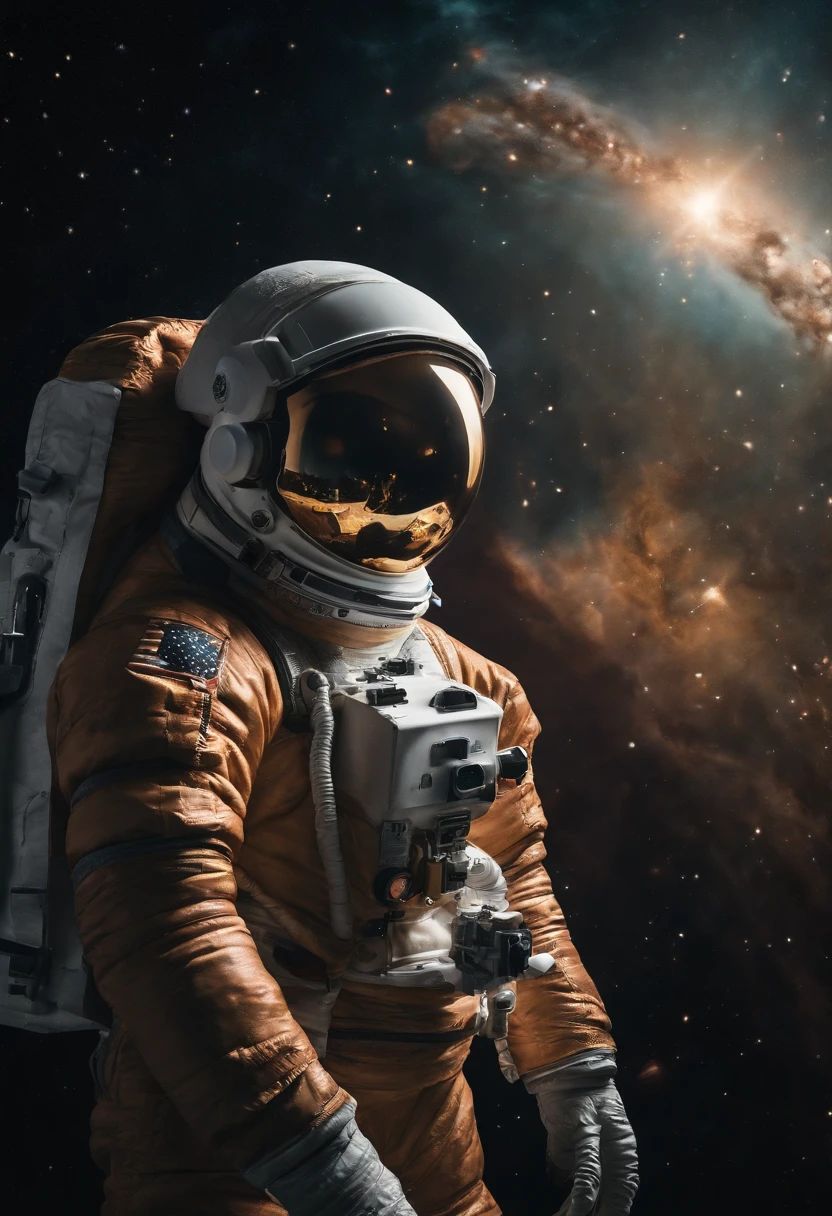 An astronaut transformed into a skull floats in the abyss of space, surrounded by a cosmic ocean of galaxies and nebulae that form unique constellations. The bubbles that surround it contain fragments of knowledge and secrets of the universe. The photo is taken with an 18 mm wide-angle camera, em 8k fotorrealismo, creating an image that evokes astonishment and wonder at the immensity of the cosmos. ouro.