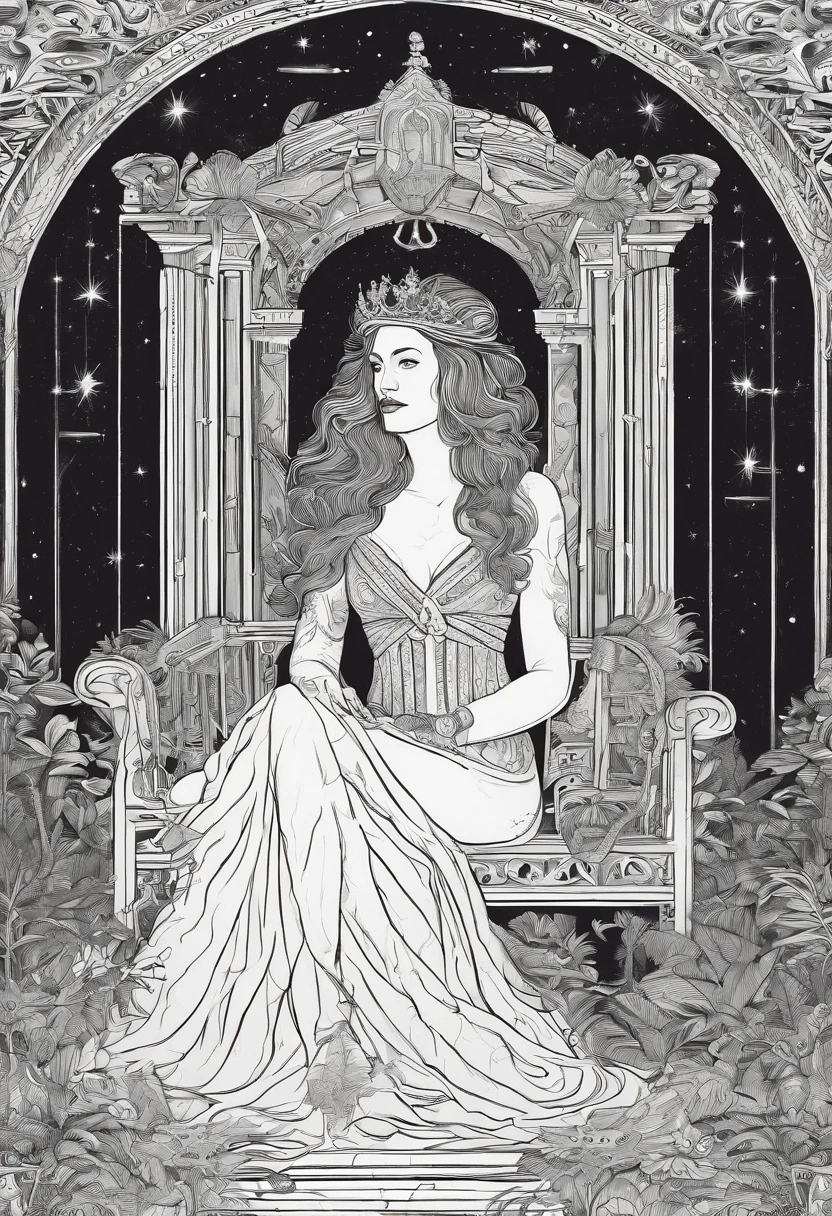 Bold graphic illustration, glowing filigree constellation tattoos, dark fantasy, full body shot of a lovely curvy voluptuous busty white woman with red dreadlocks on a throne in a enchanted forest