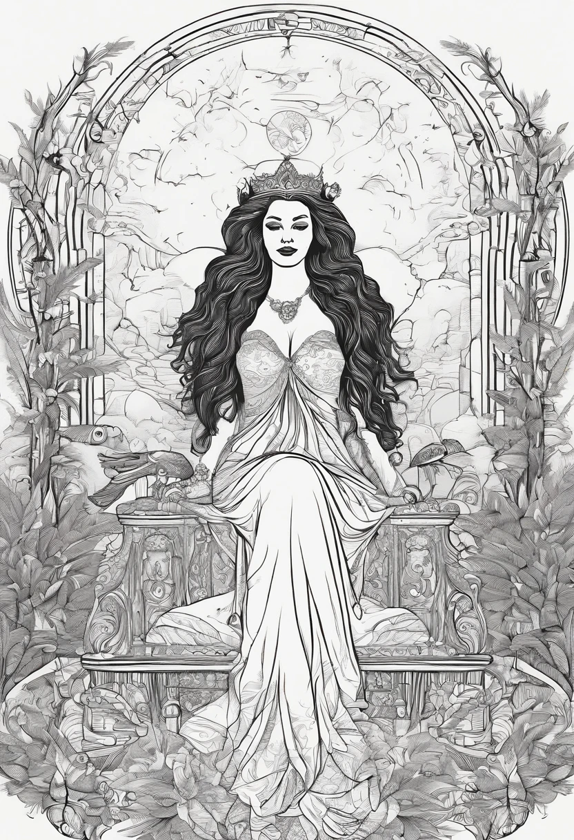 Bold graphic illustration, glowing filigree constellation tattoos, dark fantasy, full body shot of a lovely curvy voluptuous busty white woman with red dreadlocks on a throne in a enchanted forest