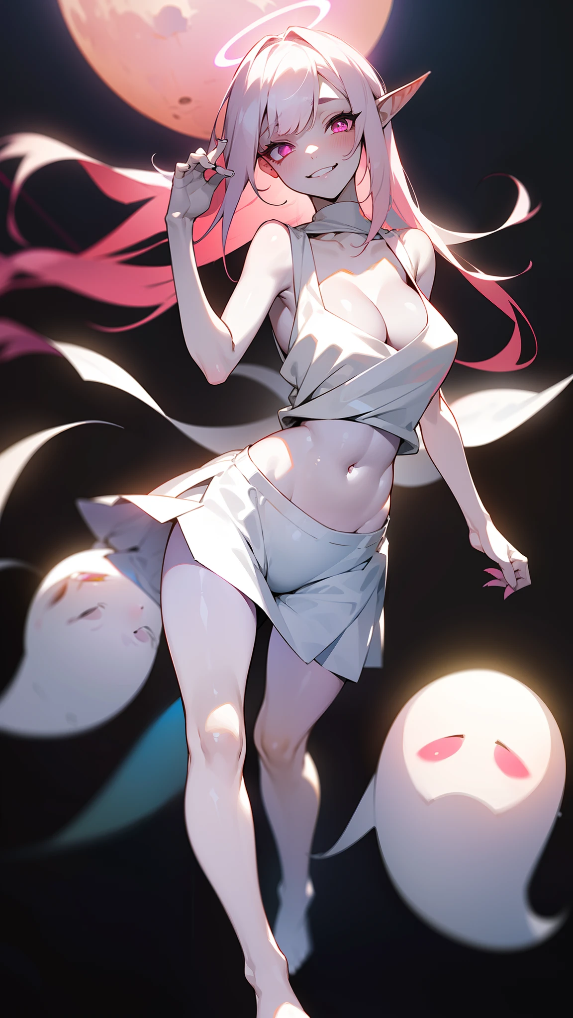 Original Character,8k, Masterpiece, Best Quality,Detailed, Beautiful Detailed Eyes,,cinematic composition,,1vampire girl,solo,pink eyes,white hair, long hair,(((paper-colored skin,pale skin,colored skin))),(pink halo),sharp teeth,large breasts,(show belly,bare belly),(only white sleeveless and shoulderless t-shirt),(cleavage),(Japanese school white skirt),bare foots,sexy,sensual,elf ear,blush,((flying in sky, light moon in the night,cutes ghosts around)),night,(pink halo),white skin,colored skin,crazy Eyes,Crazy Smile, Shaded Face,yandere, yandere trance, empty eyes, wide-eyed,teeths,closed mouth,full body