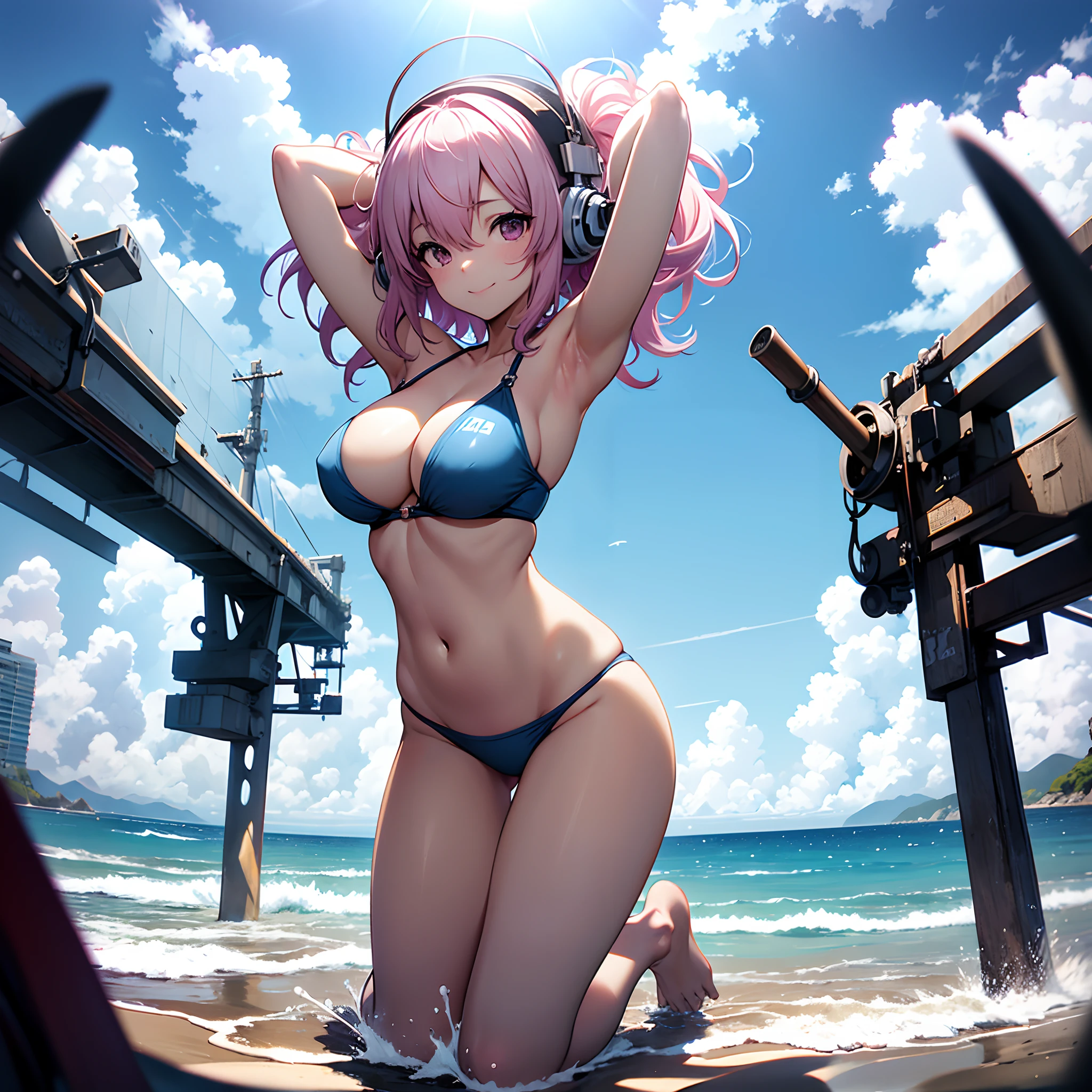 crouching down、　squatt, 　Girl in a swimsuit, 夏天, Strong sunshine, Pose showing armpits, Elbows higher than head, Arms behind your back, super sonico, oppai, Long Boobs, Colossal tits, The Naked Goddess in Anime, Ecchi anime style, [ 4 k digital art ]!!,　White high-leg bikini, Open your eyes, Back lighting, chest protrudes, Short bob pink hair, Sideways body, Twist your hips, A slight smil, perspiring, Strong backlighting, red tide, sodden, Sky and sea are the whole background、　Yellow light、　Purple Shadow, Fisheye distortion, Composition looking up from the toes