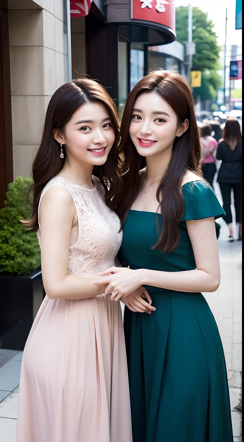 ((best qualtiy,8k,tmasterpiece:1.3)), Asian girl, happy laughing, full bodyesbian, Slim Faces, Beautiful woman, (dark brown hair), full length dress :1.1, Super detailed face, Detailed eyes, 二重まぶた, blur backgroun, Slim Faces, 城市, do lado de fora, the street,(2 girls in the same frame)((Xu Qing's dimples,Fan Bingbing's eyes))