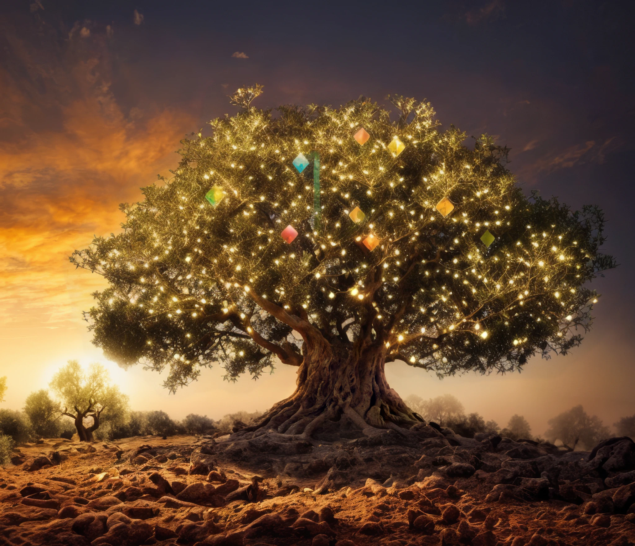 (uma oliveira),(folhas bonitas),(Sunset),(fitas coloridas entre as folhas),(luzes coloridas entre as folhas da oliveira),(Imagem maravilhosa),(Tree of Life),(higher definition,4k),(Realistic photography)