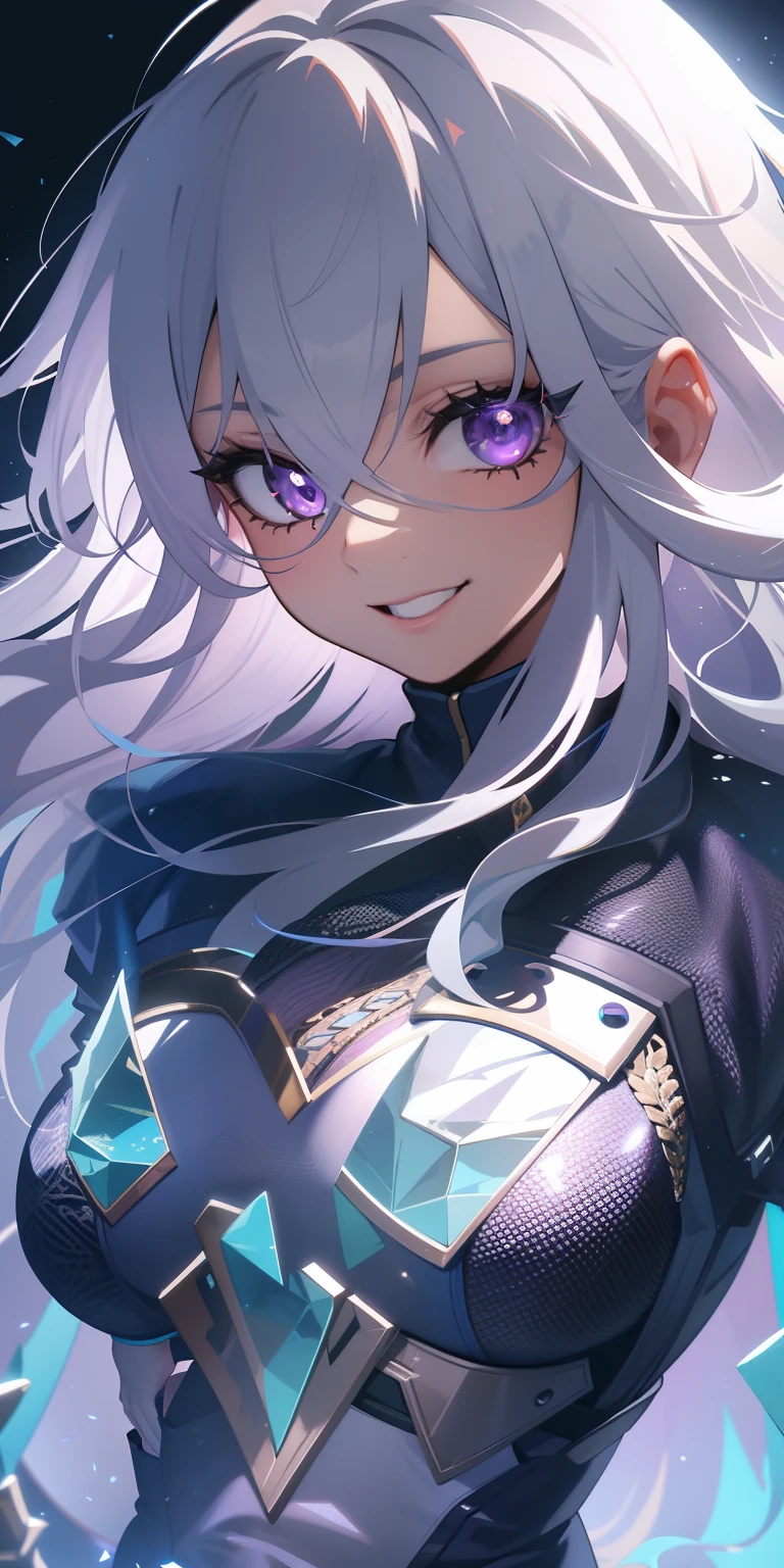 masterpiece, best quality, ultra-detailed, best shadow), (detailed background,dark fantasy), (beautiful detailed face), high contrast, (best illumination, an extremely delicate and beautiful), ((cinematic light)), colorful, hyper detail, dramatic light, intricate details, (1girl, solo,white hair, sharp face,purple eyes, hair between eyes,dynamic angle), swirling black light around the character, depth of field,black light particles,(broken glass), superhero , full body, holding magical sword, woman, happy, smile, look in front, tall, wearing boots, attractive, detailed clothing, woman, adult, sexy, wears crown, laughing, looking smart, adorable looking,