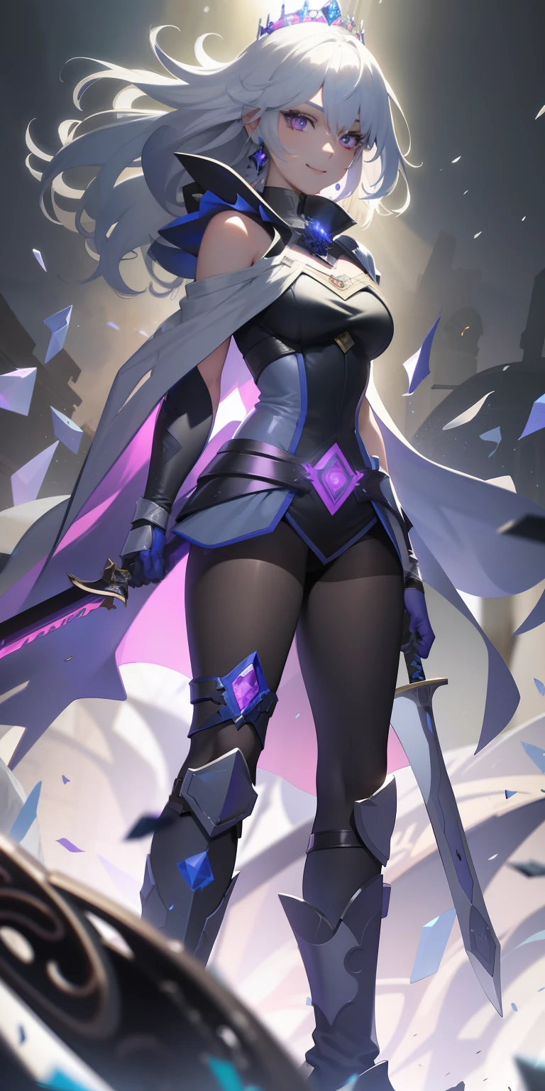 masterpiece, best quality, ultra-detailed, best shadow), (detailed background,dark fantasy), (beautiful detailed face), high contrast, (best illumination, an extremely delicate and beautiful), ((cinematic light)), colorful, hyper detail, dramatic light, intricate details, (1girl, solo,white hair, sharp face,purple eyes, hair between eyes,dynamic angle), swirling black light around the character, depth of field,black light particles,(broken glass), superhero , full body, holding magical sword, woman, happy, smile, look in front, tall, wearing boots, attractive, detailed clothing, woman, adult, sexy, wears crown, laughing, looking smart, adorable looking,