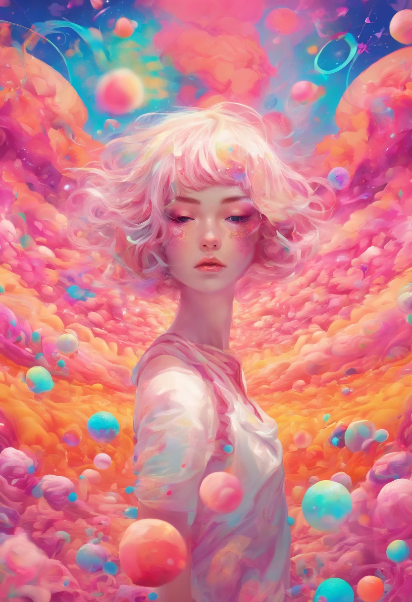 ((top-quality, 8K)), (Realistic), (Face Focus: 1.1), (White and pink: 1.3), Kawaii Girl, short-hair, Body from the waist up, Hair fluttering in the wind, Facing to the side, Look up at your face, Eyes closed, (Sleeveless: 1.1), Skirt, D Cup Breasts, Countless soap bubbles,