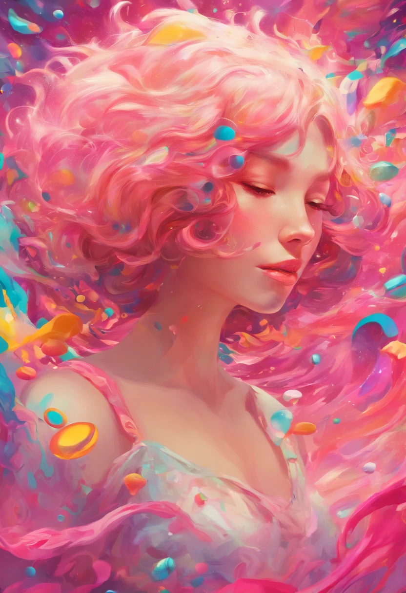 ((top-quality, 8K)), (Realistic), (Face Focus: 1.1), (White and pink: 1.3), Kawaii Girl, short-hair, Body from the waist up, Hair fluttering in the wind, Facing to the side, Look up at your face, Eyes closed, (Sleeveless: 1.1), Skirt, D Cup Breasts, Countless soap bubbles,