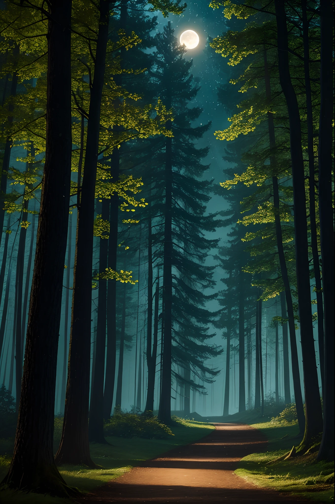 high quality, masterpiece, 8k, exquisite, beautiful, windy forest scene at night, tall and swaying trees, moonlight filtering through branches, creating a mystical atmosphere, leaves rustling in the wind, soft and cool breeze, stars twinkling in the dark sky, serene and tranquil mood, shadows dancing on the forest floor, ethereal and enchanting ambiance, seamless integration of nature and night