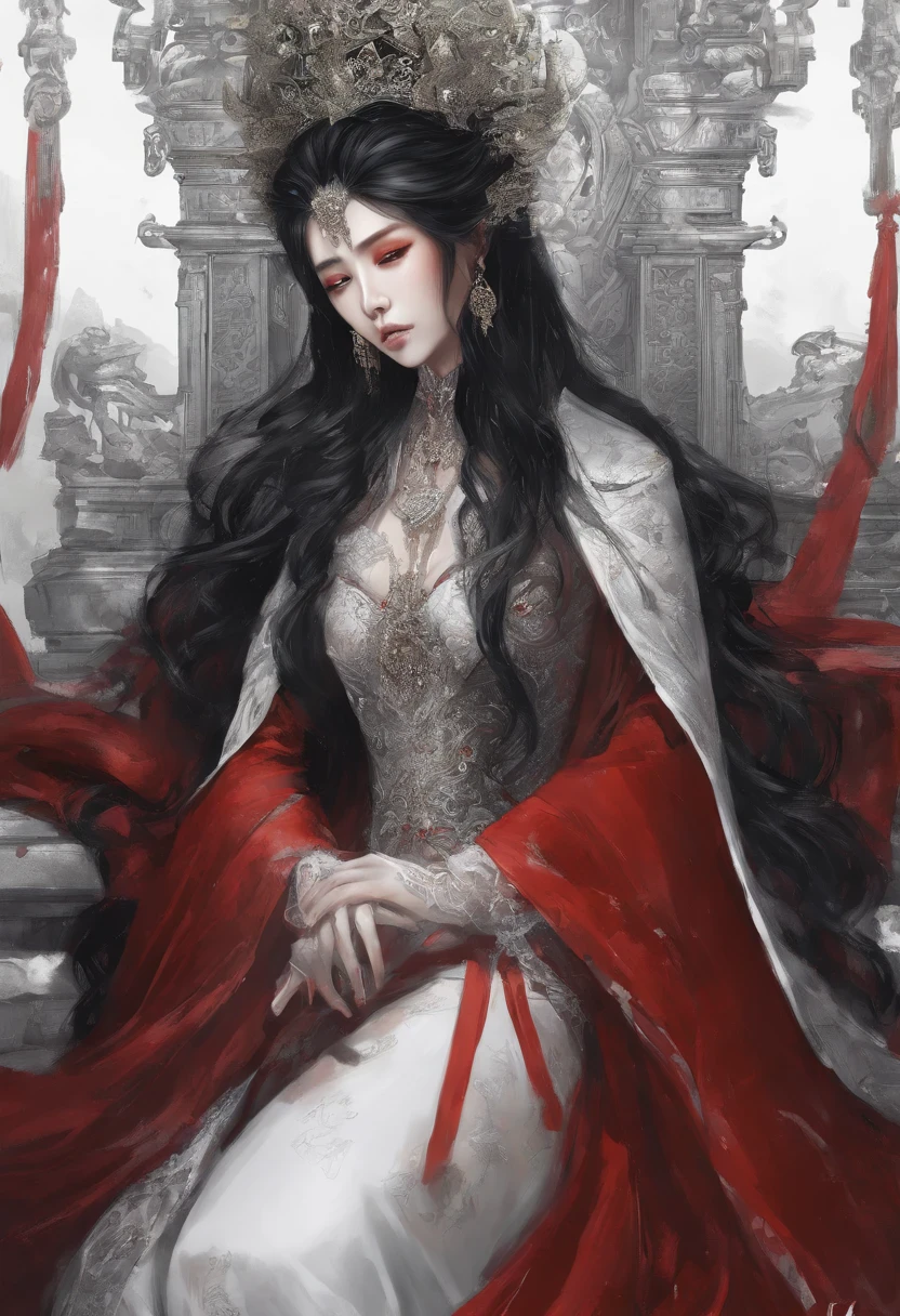 Black-haired god, white mask woman, red wedding dress, crying, close-up figure painting, gorgeous Guwiz style art, breathtaking epic character painting, Fan Qi, Yang J, Wu Zhun Shifan, etc., wonderful artistic journey on Guwiz Pixiv.