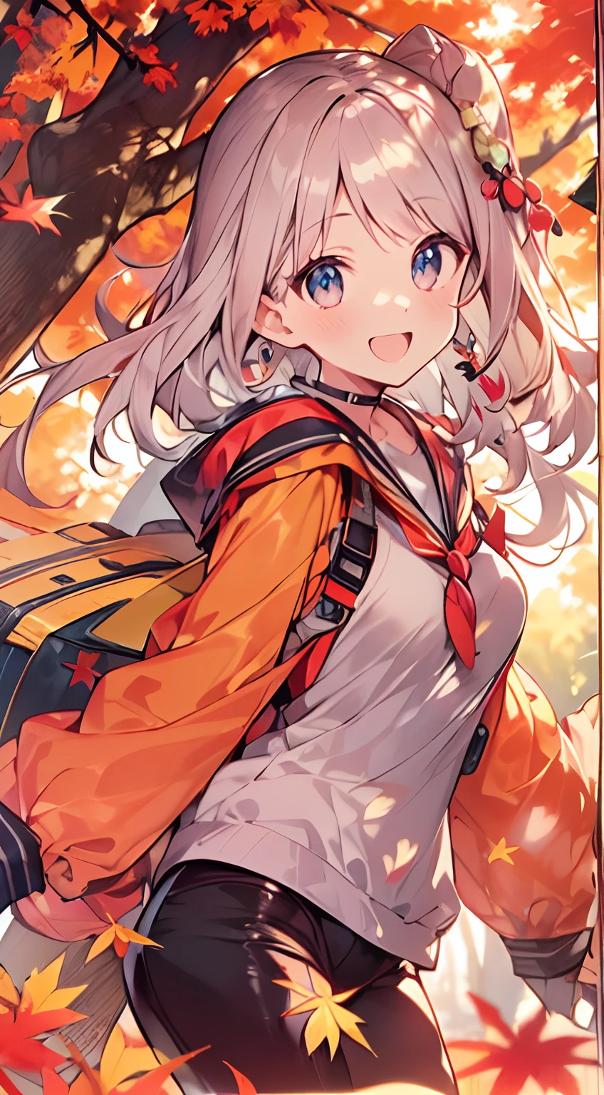 masutepiece, Best Quality,Illustration, Wallpaper, ultra -detail, Absurd beauty, 1beautiful girl、Bright hair color、Glitter and big eyes、Hair fluttering in the wind、ample breasts、♡、Smaller head、Autumn landscape、miscievous smile