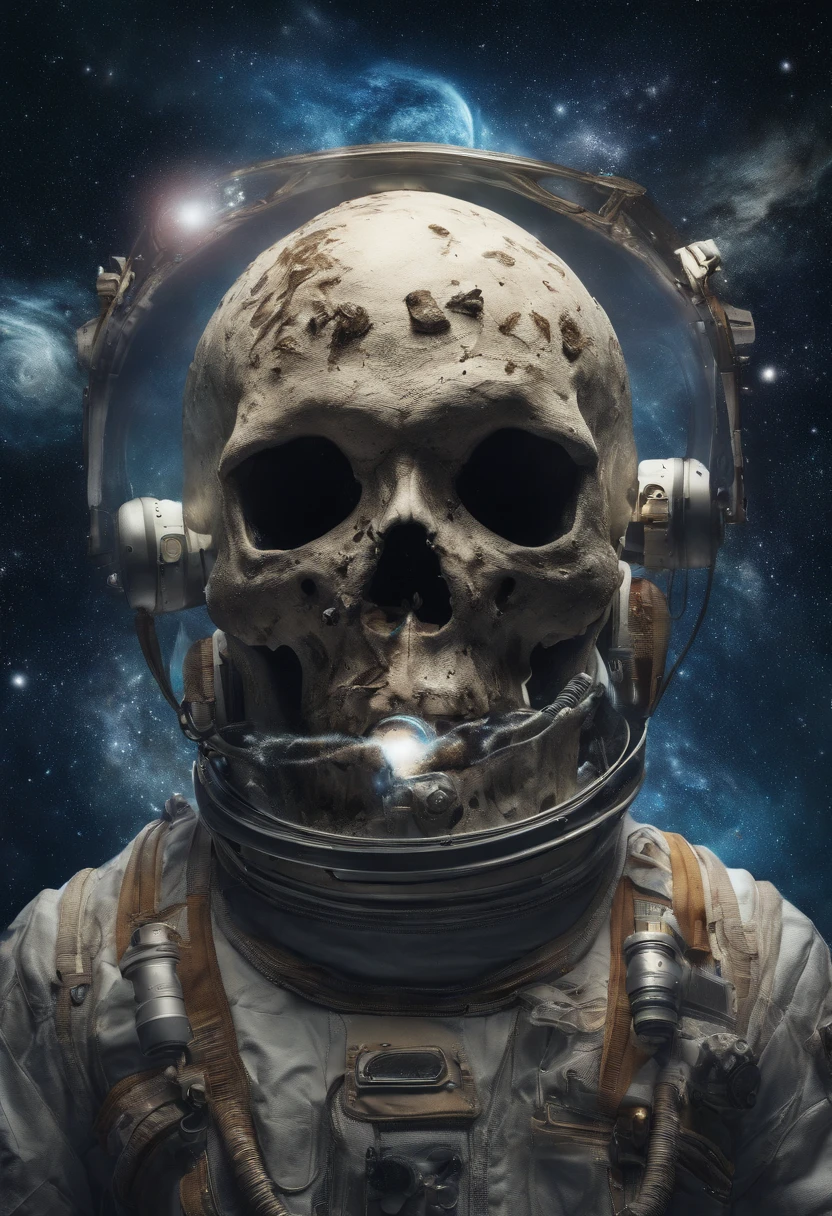 An astronaut transformed into a skull floats in the abyss of space, surrounded by a cosmic ocean of galaxies and nebulae that form unique constellations. The bubbles that surround it contain fragments of knowledge and secrets of the universe. The photo is taken with an 18 mm wide-angle camera, em 8k fotorrealismo, creating an image that evokes astonishment and admiration for the immensity of the cosmos. ouro.