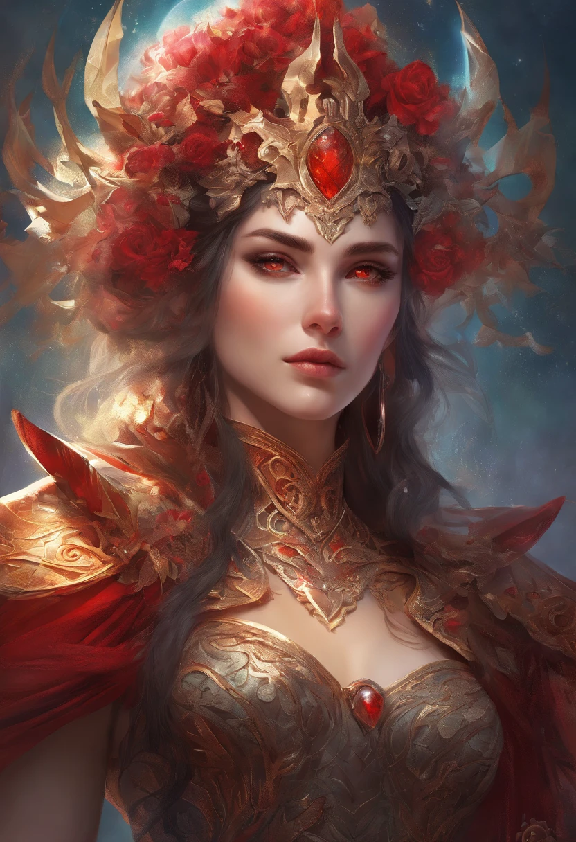 A closeup of a woman in a red costume with a red flower on her head, Cosplay ornamentado, roupas opulentas vermelhas escuras ornamentadas, usando uma roupa ornamentada, inspirado em Hedi Xandt, Senhora na armadura vermelha, figurino intrincado, adornos vermelhos, adornos vermelhos, Rainha ruiva em armadura vermelha pesada, Beautiful elegant demon queen
