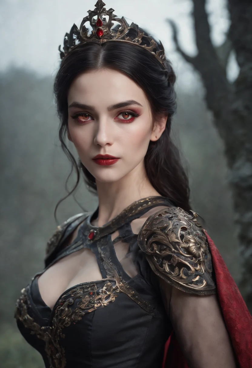 Analog style, ((intricate details)), full torso shot, cold lighting, beautiful, (pale gothic evil princess), (black hair), (intricate), ((skeletal skimpy onyx dress armor)), (intricate jagged obsidian crown), dynamic pose, windblown hair, perfect face, (realistic eyes), round iris, (((red eyes))), perfect eyes, intricate, complex, Helios 44-2, swirly bokeh, trending on artstation, sharp focus, studio photo, intricate details, highly detailed, sharp, dnd character portrait, (oil on canvas), perfect lighting, Masterpiece, detailed background, portrait by artgerm and greg rutkowski, cinematic lighting, 8k