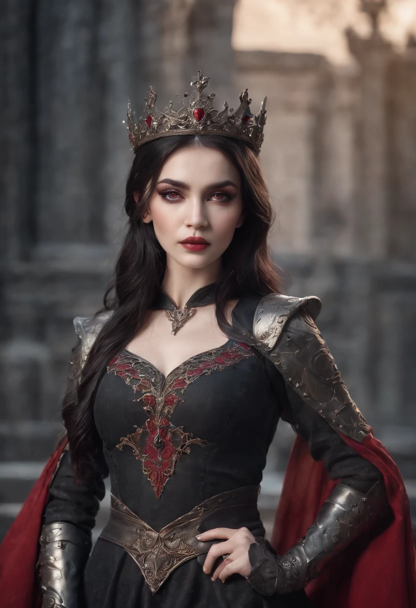 Analog style, ((intricate details)), full torso shot, cold lighting, beautiful, (pale gothic evil princess), (black hair), (intricate), ((skeletal skimpy onyx dress armor)), (intricate jagged obsidian crown), dynamic pose, windblown hair, perfect face, (realistic eyes), round iris, (((red eyes))), perfect eyes, intricate, complex, Helios 44-2, swirly bokeh, trending on artstation, sharp focus, studio photo, intricate details, highly detailed, sharp, dnd character portrait, (oil on canvas), perfect lighting, Masterpiece, detailed background, portrait by artgerm and greg rutkowski, cinematic lighting, 8k