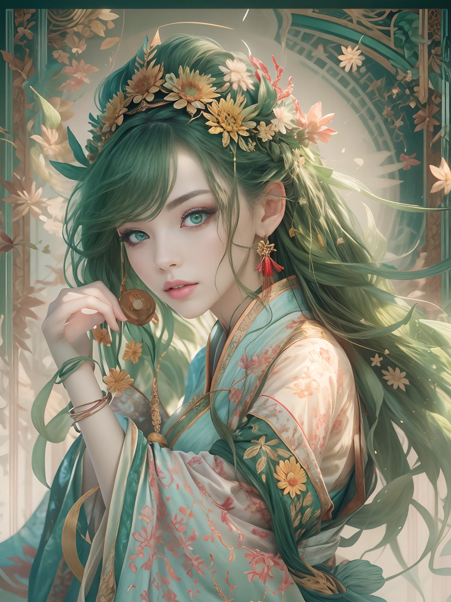 Best Quality, Masterpiece, Ultra-Detailed High Resolution, (Realistic: 1.4), Original Photo, , Illustration, 1 woman, Handheld Weapon, (Solo Exhibition: 1.2), (Denim Lens: 1.2), (Hair Crown: 1.2), green hanfu costume, No Straps, (Red Eyeliner: 1.2), (green Eyes: 1.4), Earrings, Dynamic Angle, Opera House, messy_long_hair, Ink, Movie Lights, lens_flare, Velvet, Chrysanthemum, Tassels, Ribbon, colorful embroidery, perfect body, full body, facing the camera, dynamic pose, large chest, embroidered cloth shoes
