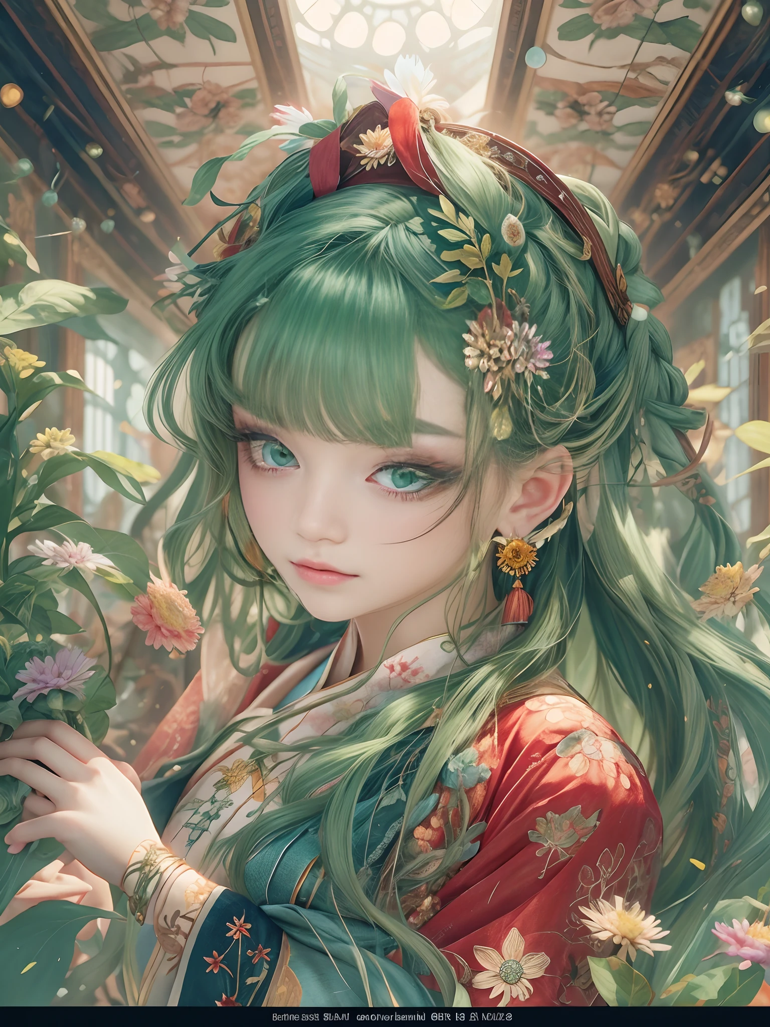 Best Quality, Masterpiece, Ultra-Detailed High Resolution, (Realistic: 1.4), Original Photo, , Illustration, 1 woman, Handheld Weapon, (Solo Exhibition: 1.2), (Denim Lens: 1.2), (Hair Crown: 1.2), green hanfu costume, No Straps, (Red Eyeliner: 1.2), (green Eyes: 1.4), Earrings, Dynamic Angle, Opera House, messy_long_hair, Ink, Movie Lights, lens_flare, Velvet, Chrysanthemum, Tassels, Ribbon, colorful embroidery, perfect body, full body, facing the camera, dynamic pose, large chest, embroidered cloth shoes