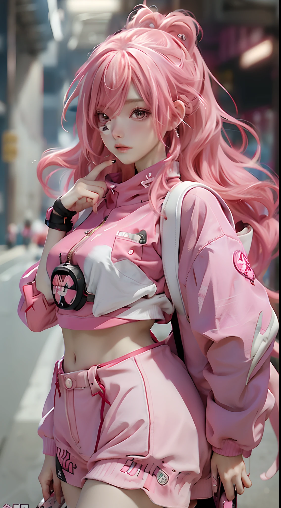 anime girl with pink hair with a backpack, she is wearing streetwear, with pink hair, portrait of jossi of blackpink, ulzzang, ((pink)), jossi of blackpink, lalisa manoban of blackpink, wearing cyberpunk streetwear, japanese streetwear, with long hair, anime girl in real life, casual pose, pink girl