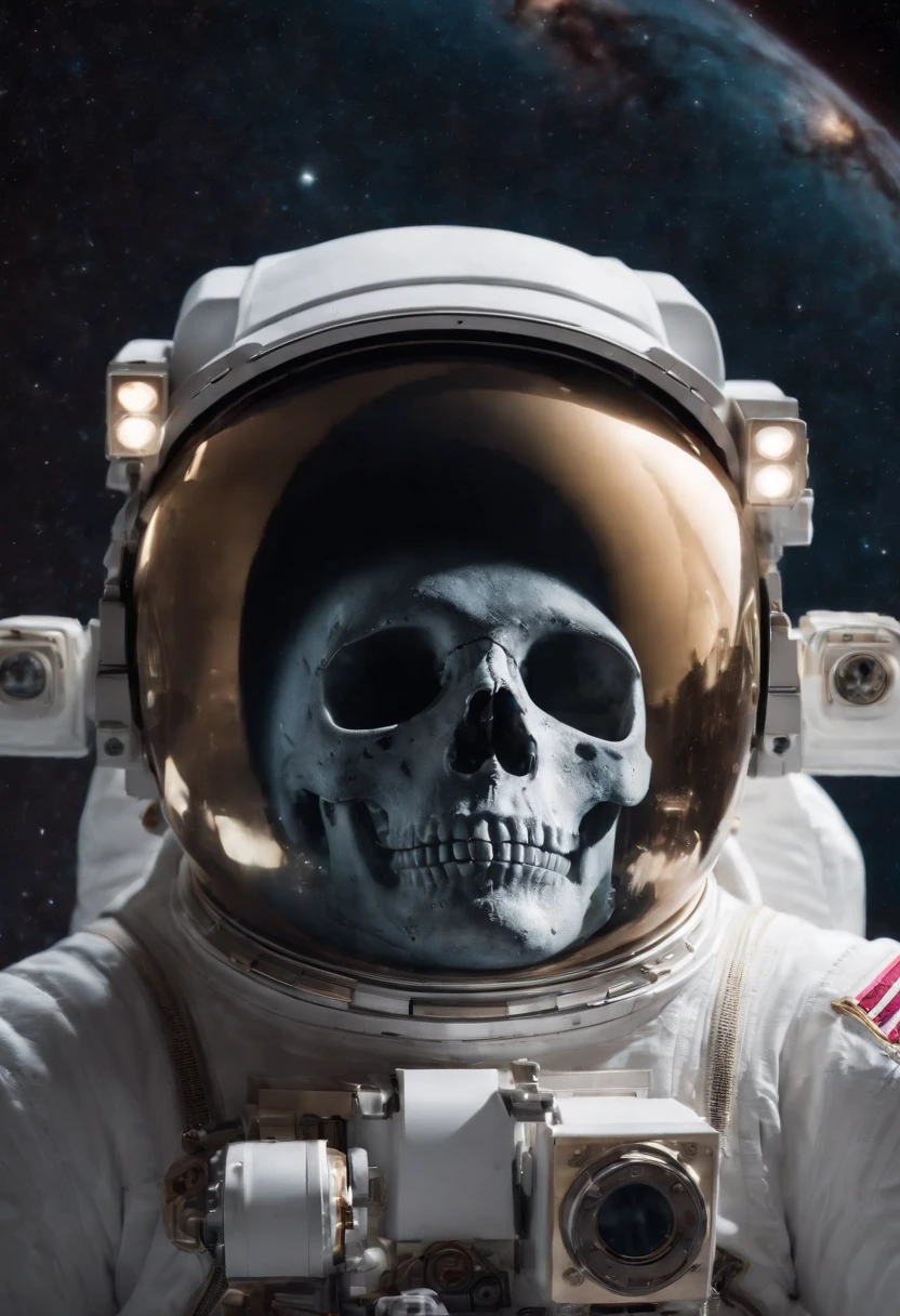 An astronaut transformed into a skull floats in the abyss of space, surrounded by a cosmic ocean of galaxies and nebulae that form unique constellations. The bubbles that surround it contain fragments of knowledge and secrets of the universe. The photo is taken with an 18 mm wide-angle camera, em 8k fotorrealismo, creating an image that evokes astonishment and wonder at the immensity of the cosmos. ouro.