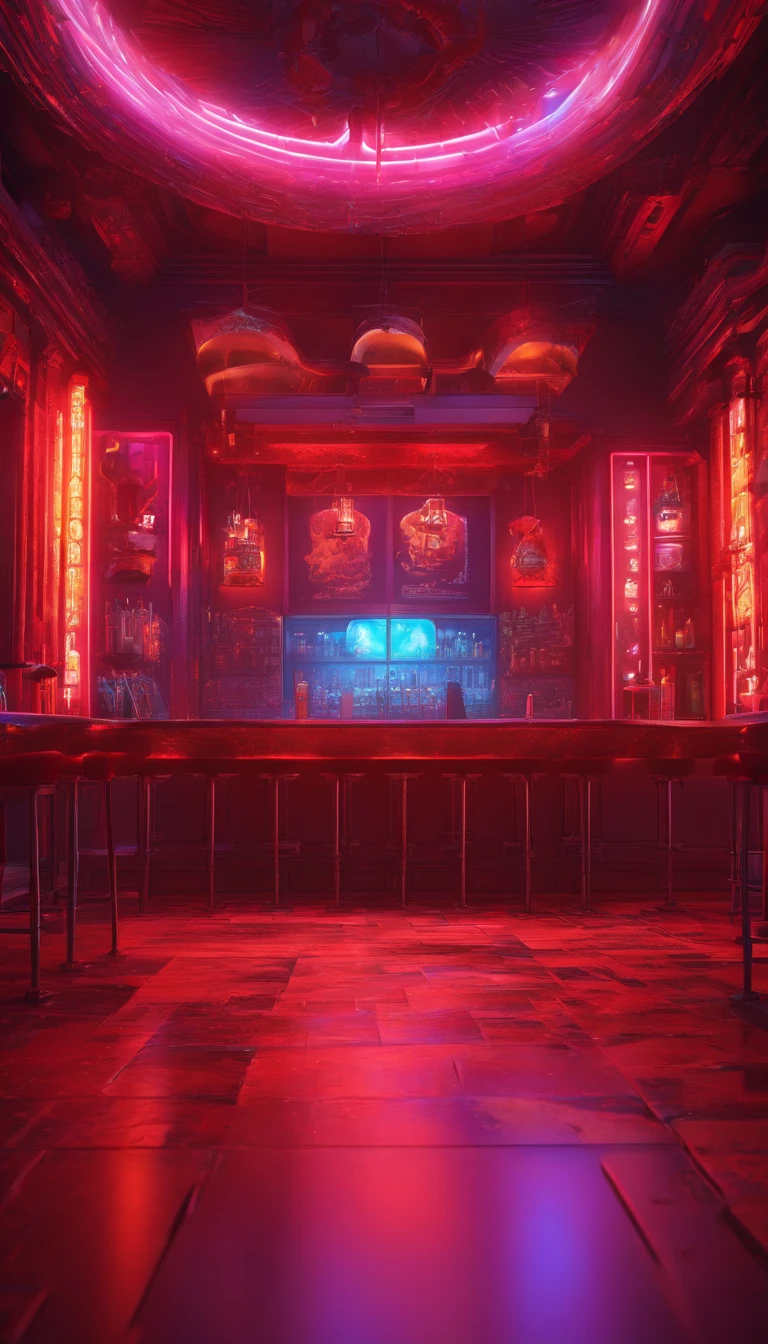 inside a nightclub, epic, insanely detailed, ornately detailed, masterpiece, horror, high octane, trending on artstation, 8k, red, light blue, dark purple, red, gothic