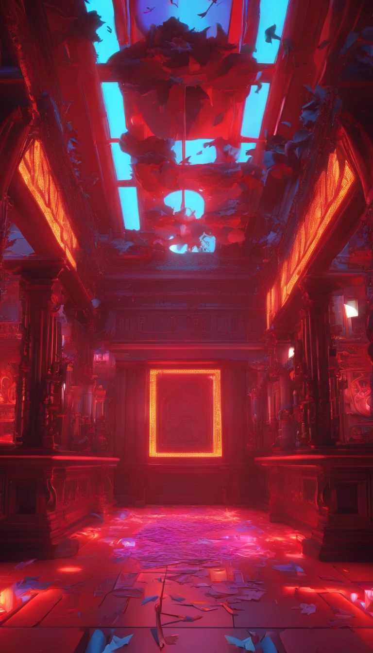 inside a nightclub, epic, insanely detailed, ornately detailed, masterpiece, horror, high octane, trending on artstation, 8k, red, light blue, dark purple, red, gothic
