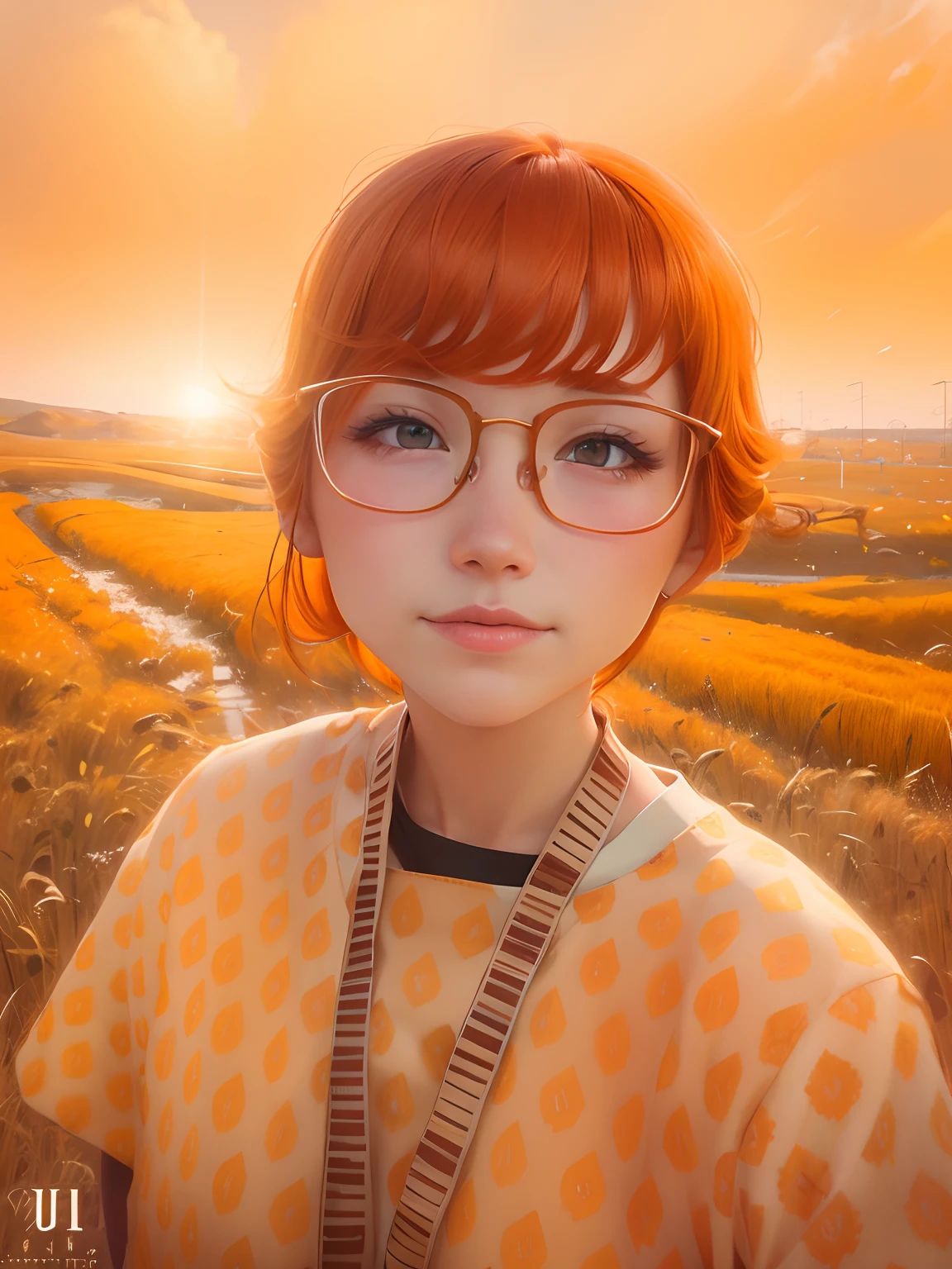 full bodyesbian、Portrait of cute redhead girl standing in wheat field、florals、Orange fog、movement、wispy hair、真实感、high quality render、stunning art、hightquality、Film Grain、Fujifilm XT3、dream-like