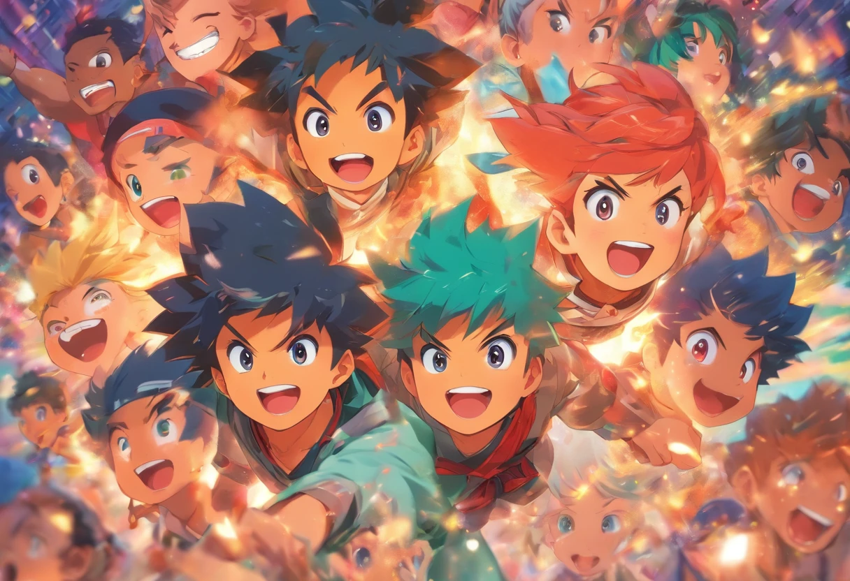 Cartoon illustration of groups of children with faces of different ages, by Eizan Kikukawa, Happy expression, ( ( By Shinkai Makoto ) ), exciting illustration, by Naka Bokunen, by Kose Kanaoka, sachin teng, by Yanagawa Nobusada, by Kamisaka Sekka, Happy and cheerful look, KyoAni