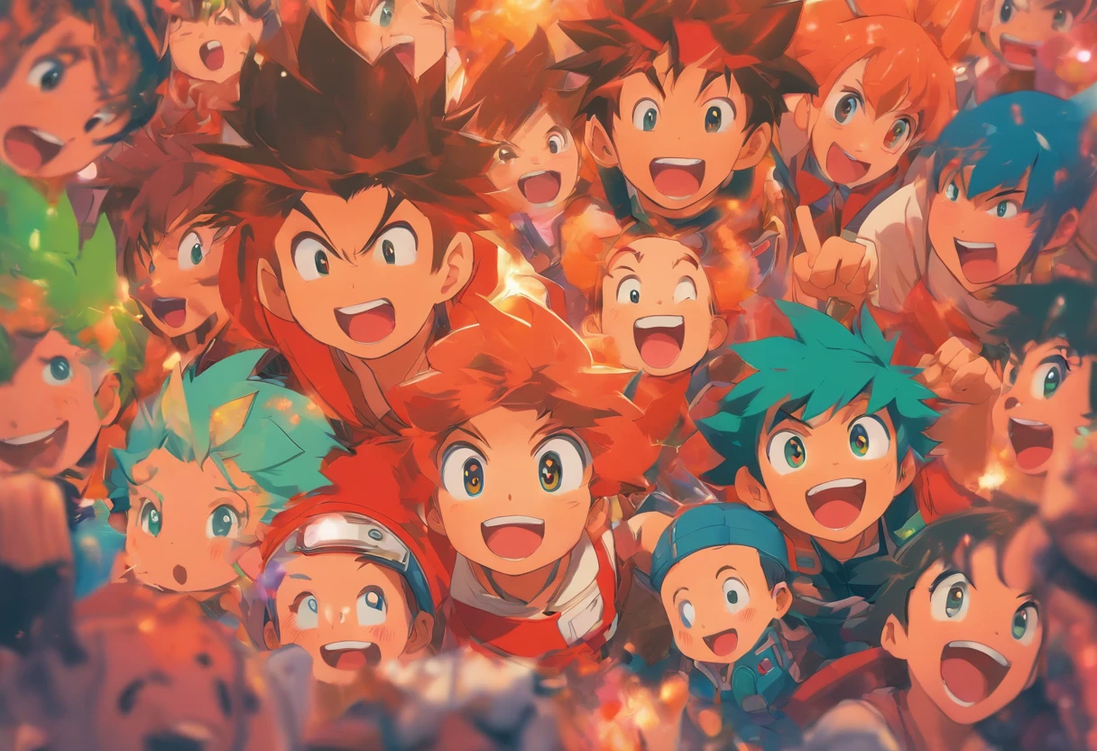 Cartoon illustration of groups of children with faces of different ages, by Eizan Kikukawa, Happy expression, ( ( By Shinkai Makoto ) ), exciting illustration, by Naka Bokunen, by Kose Kanaoka, sachin teng, by Yanagawa Nobusada, by Kamisaka Sekka, Happy and cheerful look, KyoAni