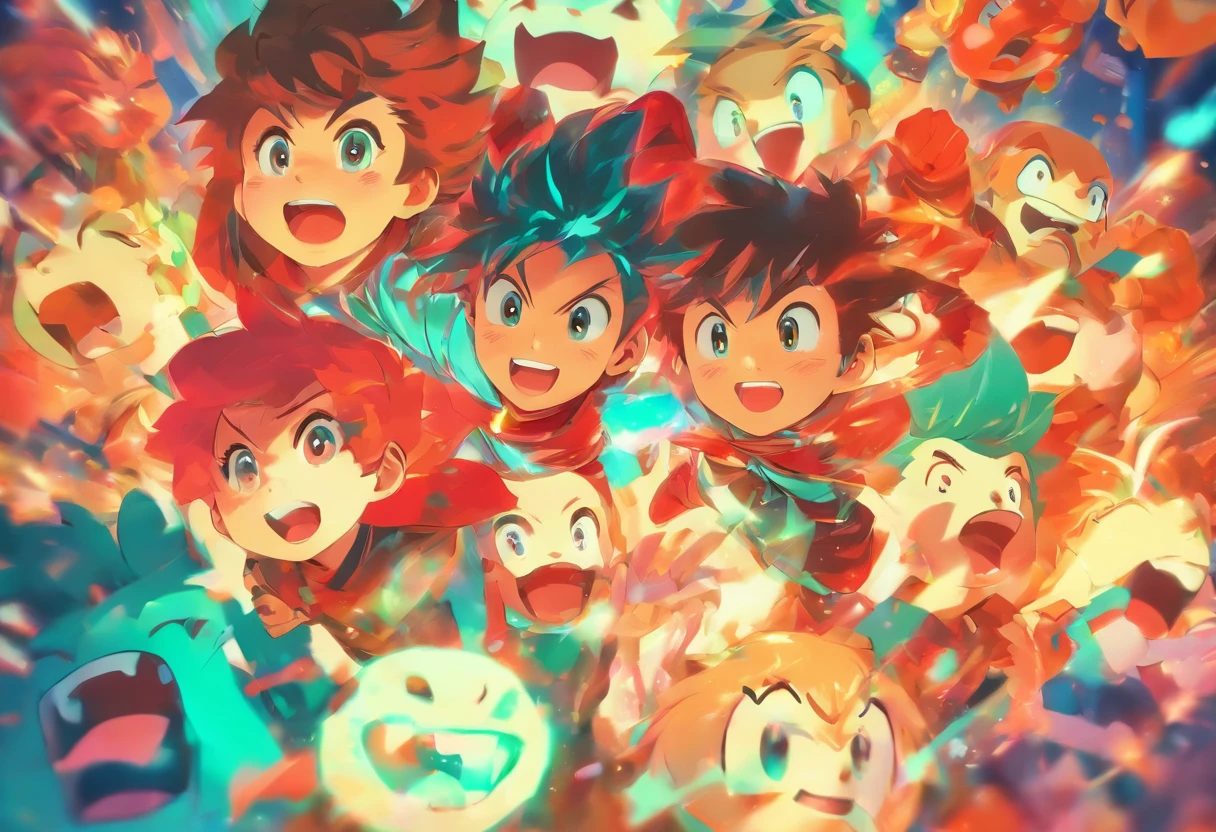 Cartoon illustration of groups of children with faces of different ages, by Eizan Kikukawa, Happy expression, ( ( By Shinkai Makoto ) ), exciting illustration, by Naka Bokunen, by Kose Kanaoka, sachin teng, by Yanagawa Nobusada, by Kamisaka Sekka, Happy and cheerful look, KyoAni