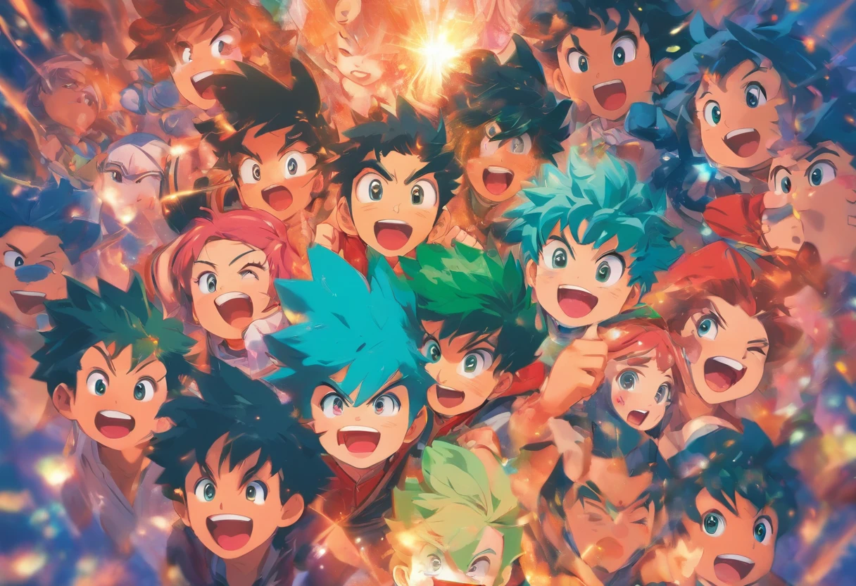 Cartoon illustration of groups of children with faces of different ages, by Eizan Kikukawa, Happy expression, ( ( By Shinkai Makoto ) ), exciting illustration, by Naka Bokunen, by Kose Kanaoka, sachin teng, by Yanagawa Nobusada, by Kamisaka Sekka, Happy and cheerful look, KyoAni