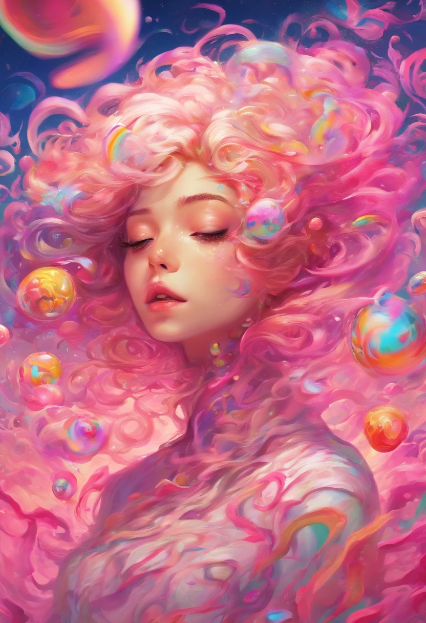 ((top-quality, 8K)), (Realistic), (Face Focus: 1.1), (White and pink: 1.3), Kawaii Girl, short-hair, Body from the waist up, Hair fluttering in the wind, Facing to the side, Look up at your face, Eyes closed, (Sleeveless: 1.1), Skirt, D Cup Breasts, Countless soap bubbles,