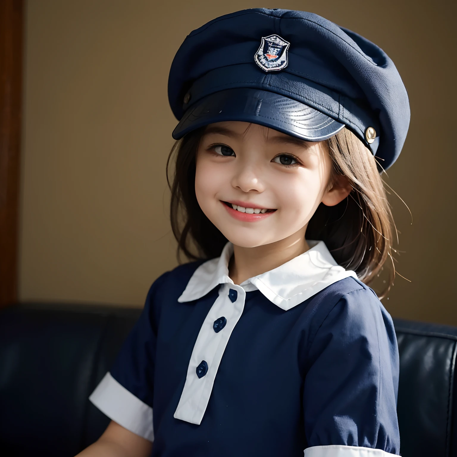 3-year-old girl smiling, Wear a navy collared blue and white blouse,Wear a navy hat.Bust photo.