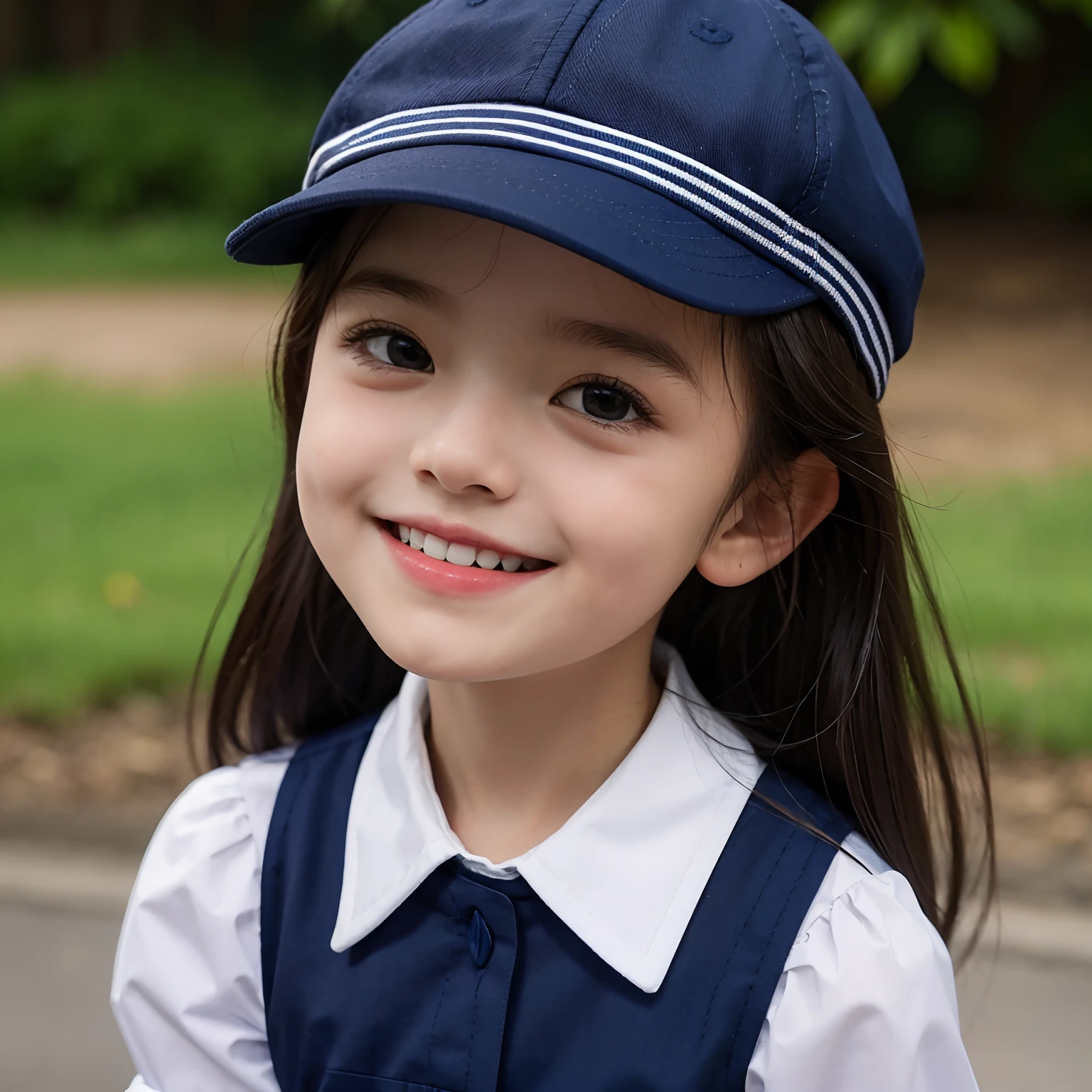  smiling, Wear a navy collared blue and white blouse,Wear a navy hat.Bust photo.