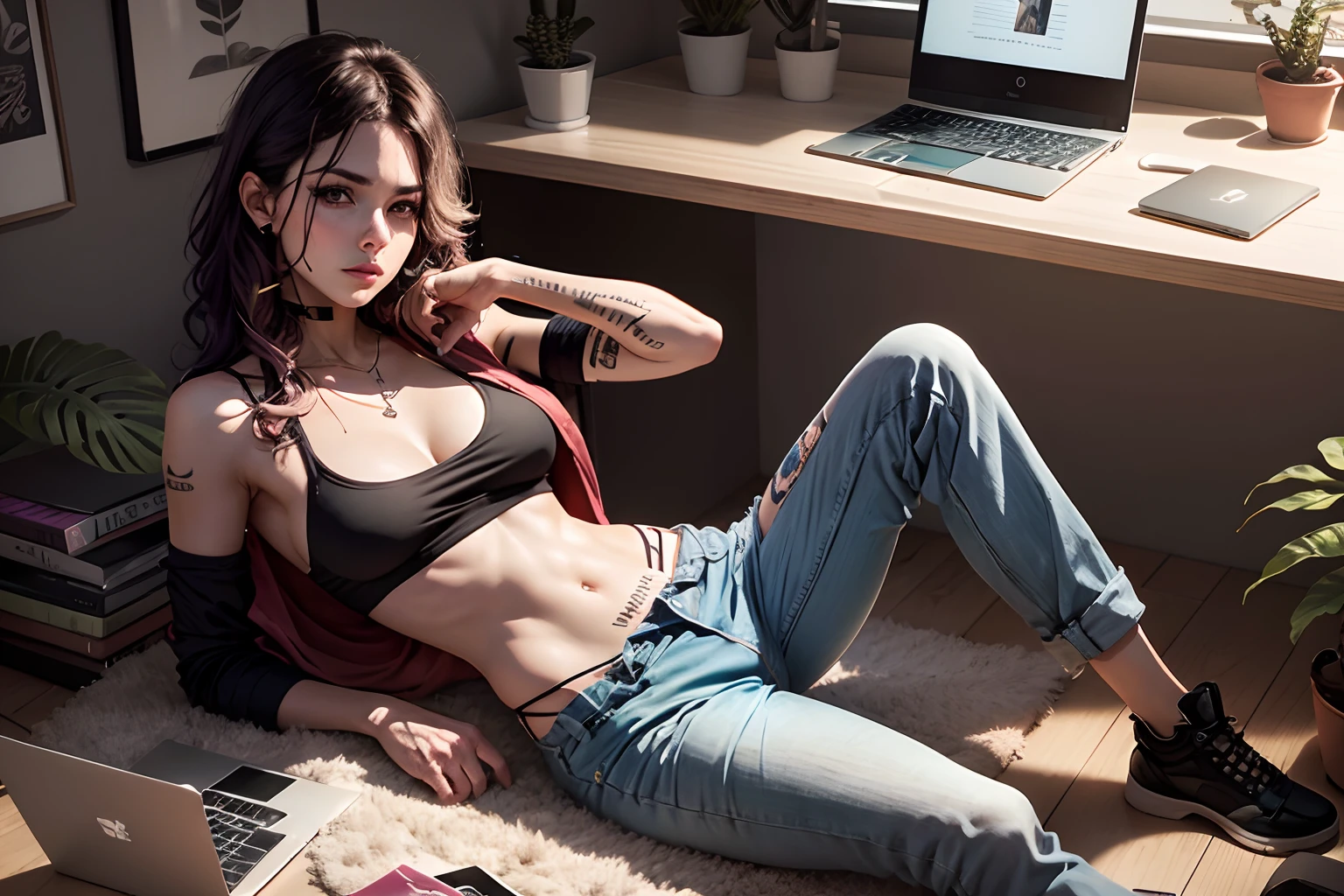 hembra joven, sexy, con franela y pantalones cortos, con tatuajes, con audifonos, sentada en un mueble, en una habitacion con pantallas y decoraciones, colores, vibrantes y fosforecentes, un escritorio con una laptop, una bebida, un senicero